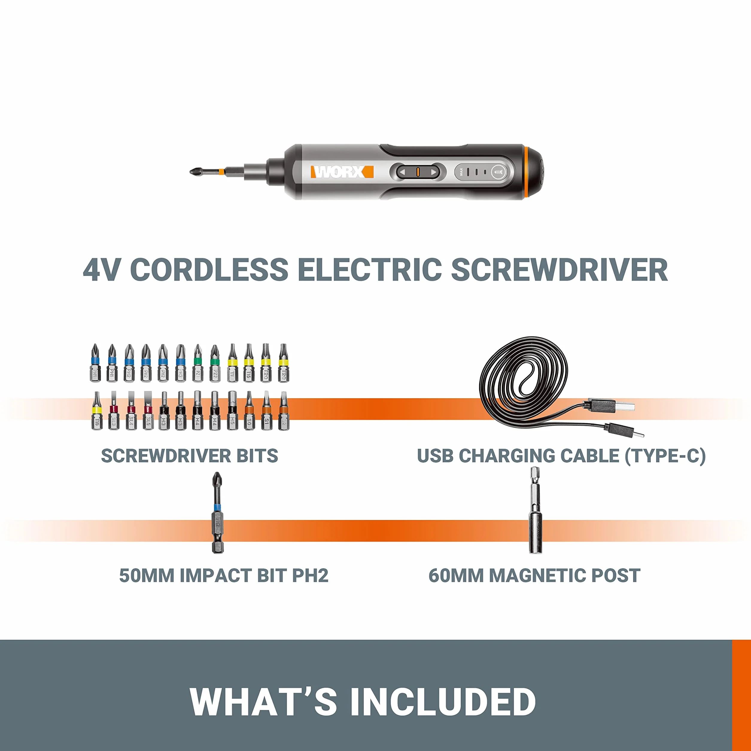 WORX WX240 3,6 V (4 V MAX) mini śrubokręt elektryczny z 3-biegowym momentem obrotowym, moc 5 Nm, 24 szt. bitów do śrubokrętów, światło LED, lekki, bezprzewodowy, ładowanie USB C, idealny do projektów