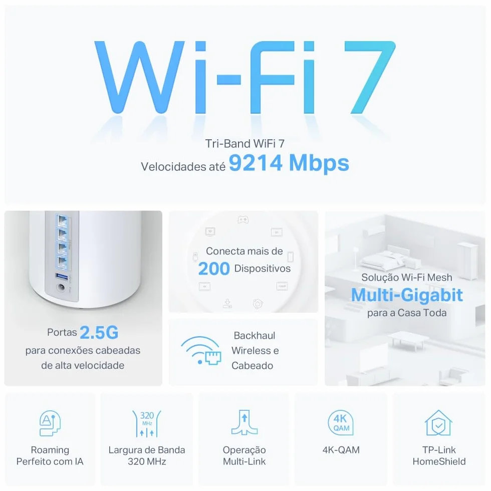 TP-Link Deco BE65 (1-Pack), Mesh Router WiFi 7 BE9300, Trójzakresowy 2.4GHz/5GHz/6GHz, 4× Porty 2.5G, AI do bezproblemowego roamingu, Niskie opóźnienia, HomeShield, Współpracuje z Alexa, Biały