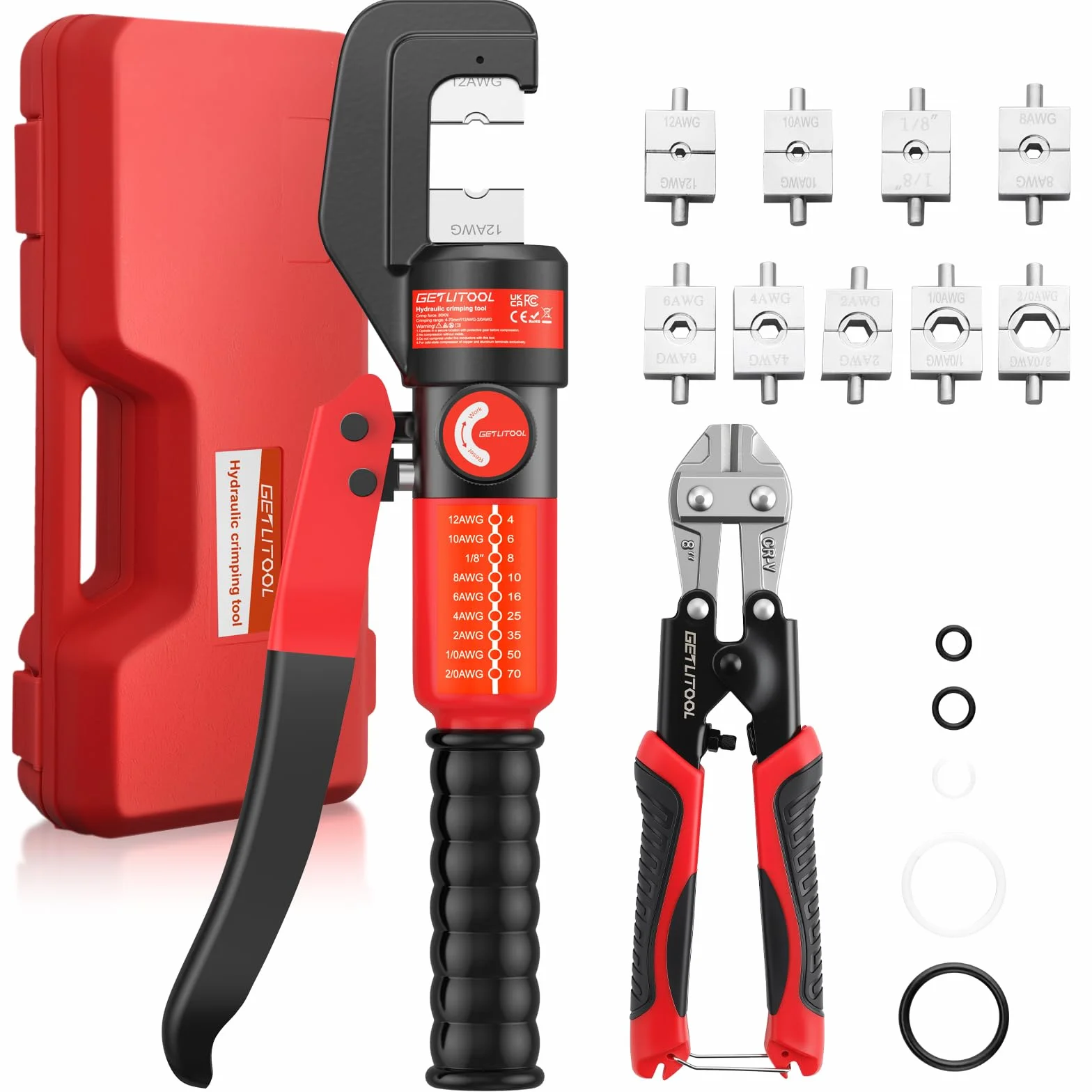 GETLITOOL 8-tonowy hydrauliczny zestaw narzędzi do zaciskania z 9 matrycami i przecinakiem do drutu, wytrzymała hydrauliczna zaciskarka do kabli akumulatorowych, końcówek i zacisków do zastosowań