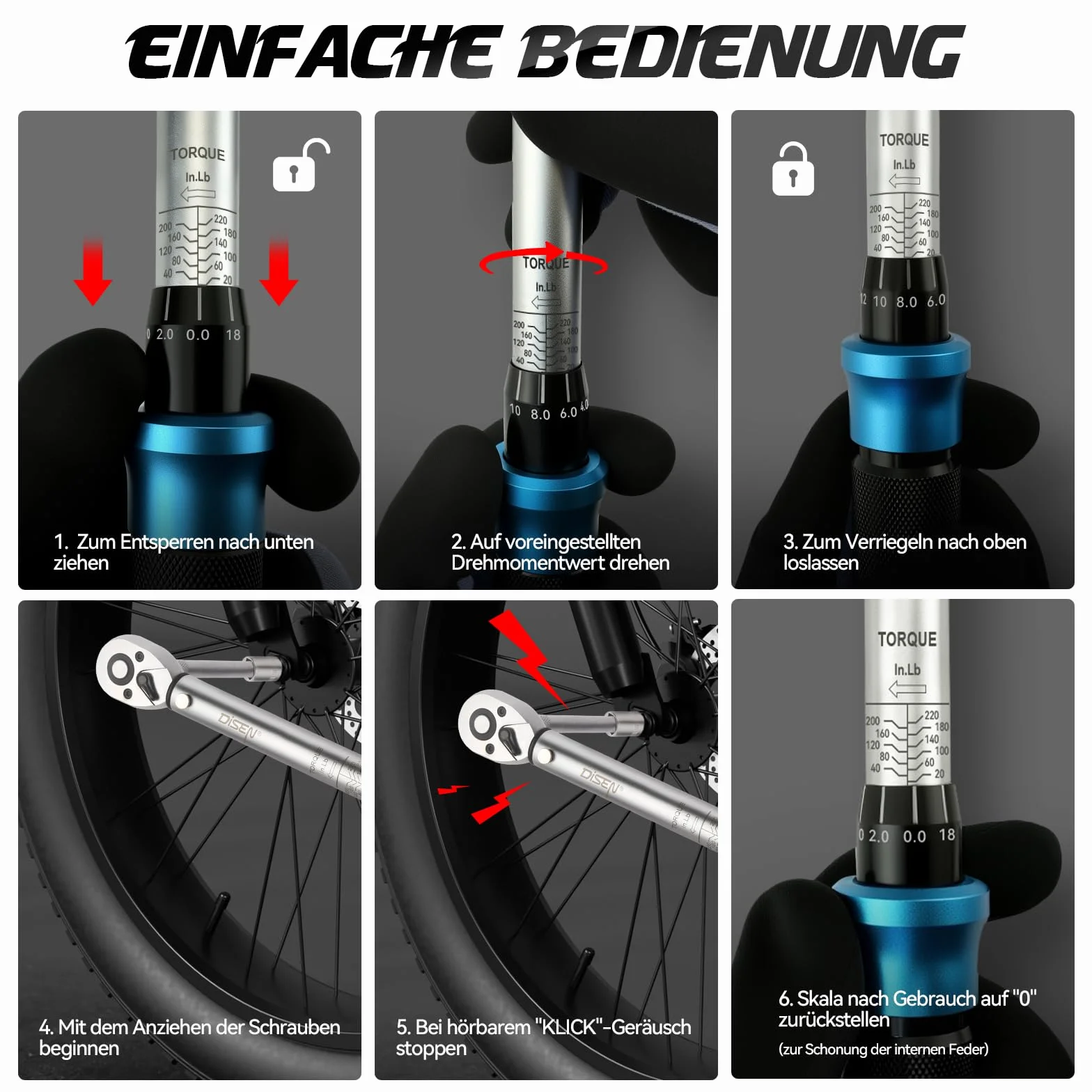 DISEN 3-częściowy zestaw kluczy dynamometrycznych – 1/2" 3/8" 1/4" – 40 – 230 Nm, 20-120 Nm, 2-24 Nm – dokładność błędu ±3% – 72 zęby z grzechotką dwustronną – do samochodu, motocykla, roweru