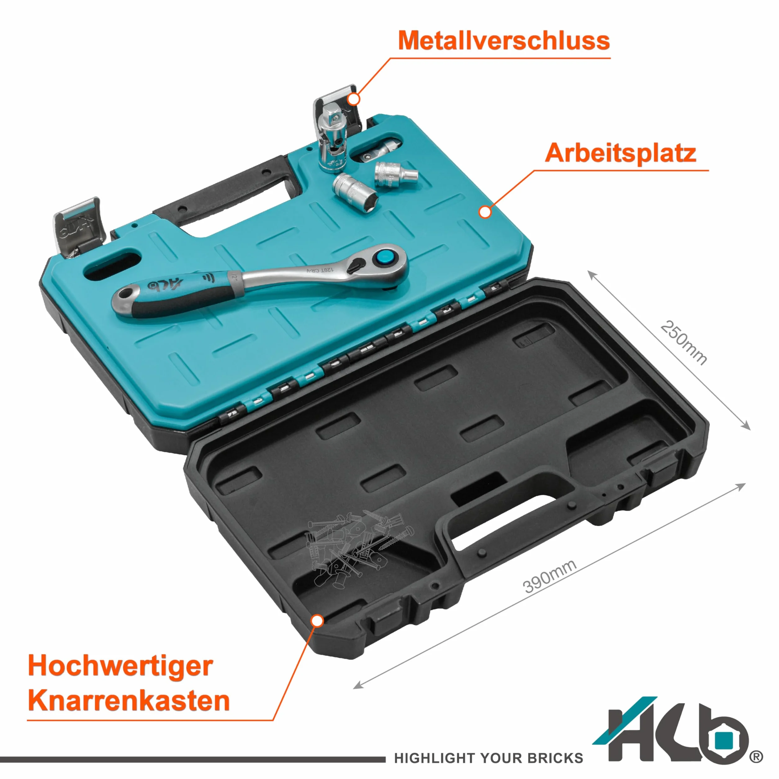 HB Zestaw Nasadek 25 Sztuk 1/2" z Grzechotką 120 Zębów Rewersyjną, Ergonomiczny Uchwyt, Quick Release, Przedłużka, Walizka z Zatrzaskiem, Made in Taiwan AKM018-G