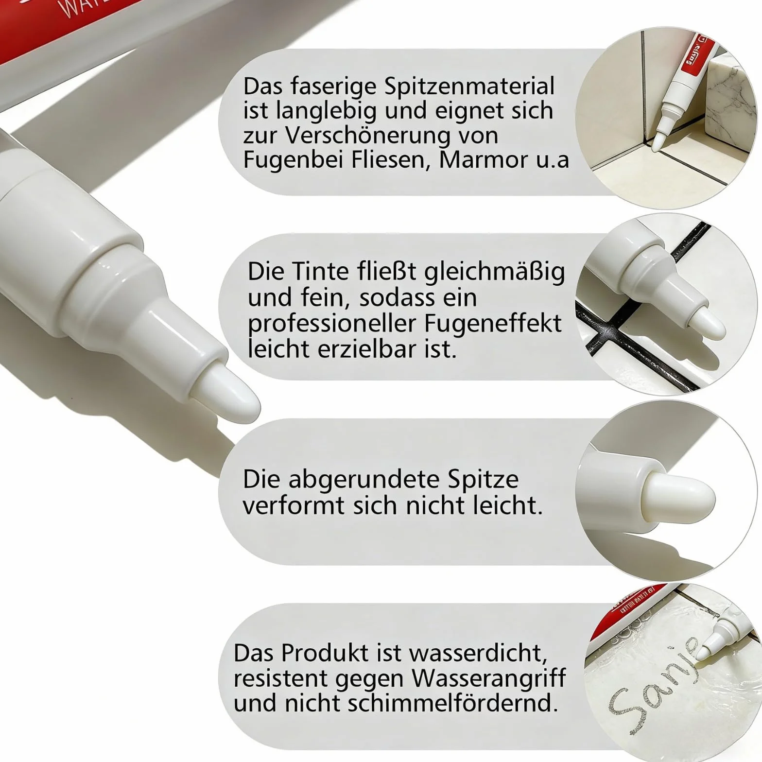 6 sztuk białych pisaków do fug, do renowacji fug, pisak do napraw, wodoodporny do płytek, ścian, fug podłogowych, kuchni, łazienki