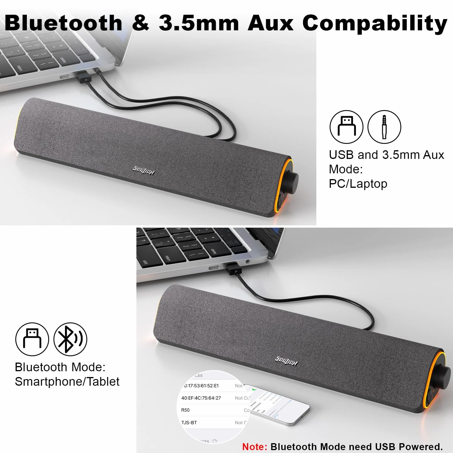 SOULION Głośniki komputerowe R50, zasilane przez USB i wejście AUX 3,5 mm Jack RGB, małe głośniki komputerowe, soundbar Bluetooth 5.3 z pokrętłem regulacji głośności do komputera