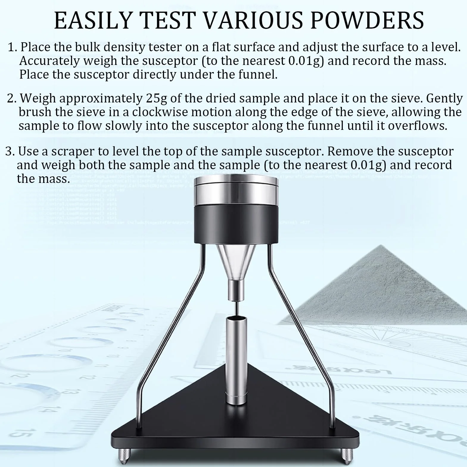 Tester gęstości proszku do produktów farmaceutycznych, cylinder stopniowany 30 ml, ekran siatkowy 0,5 mm, otwór lejkowy 15 mm, kąt 40° do precyzyjnych pomiarów