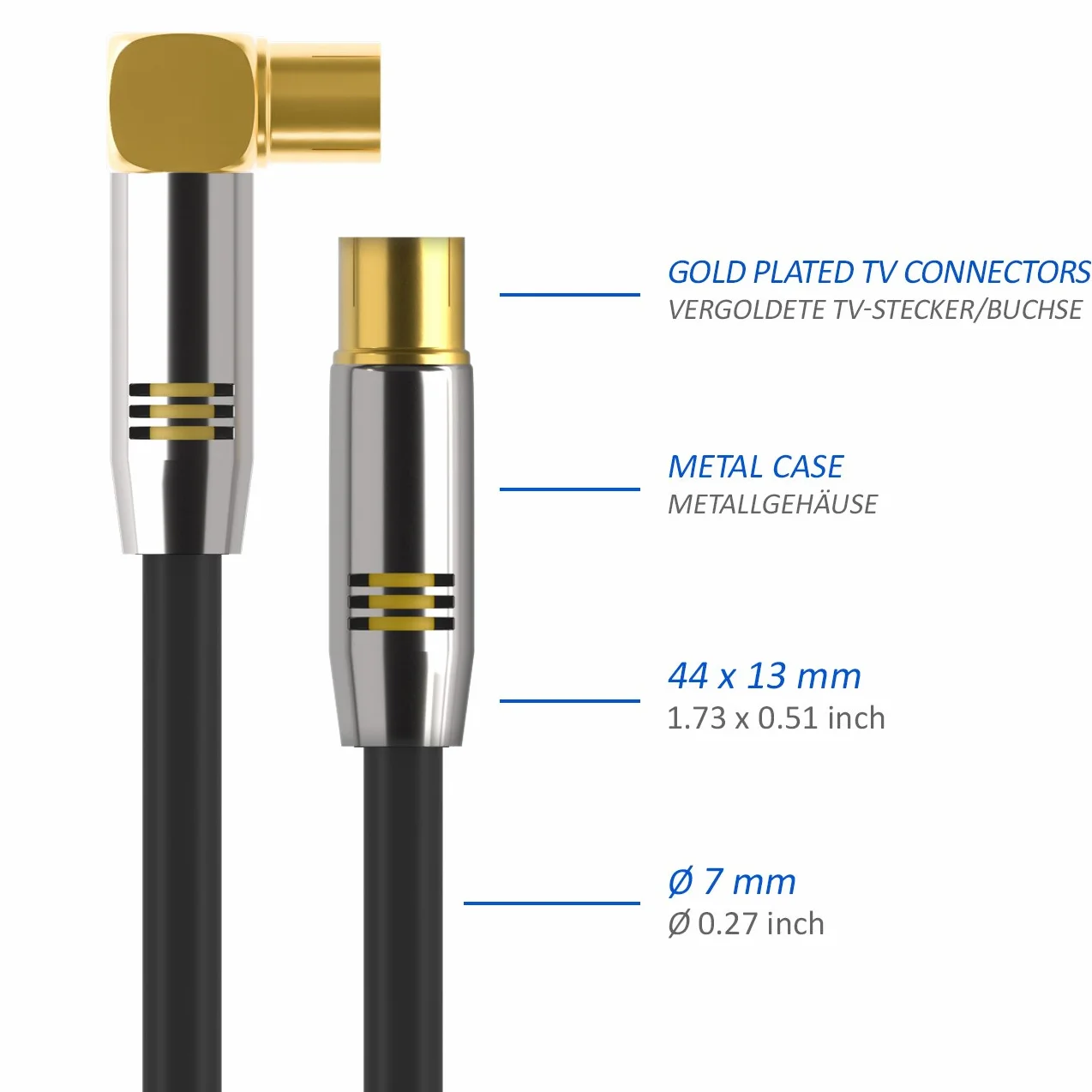 deleyCON 1,5m Kabel Antenowy TV 4K, Koncentryczny - 4K Ultra HD Full HD HDTV - 1x Wtyk IEC Kątowy 90° do Gniazda IEC Prostego - TV/Radio DVB-T2, Metalowe Złącza - Czarny
