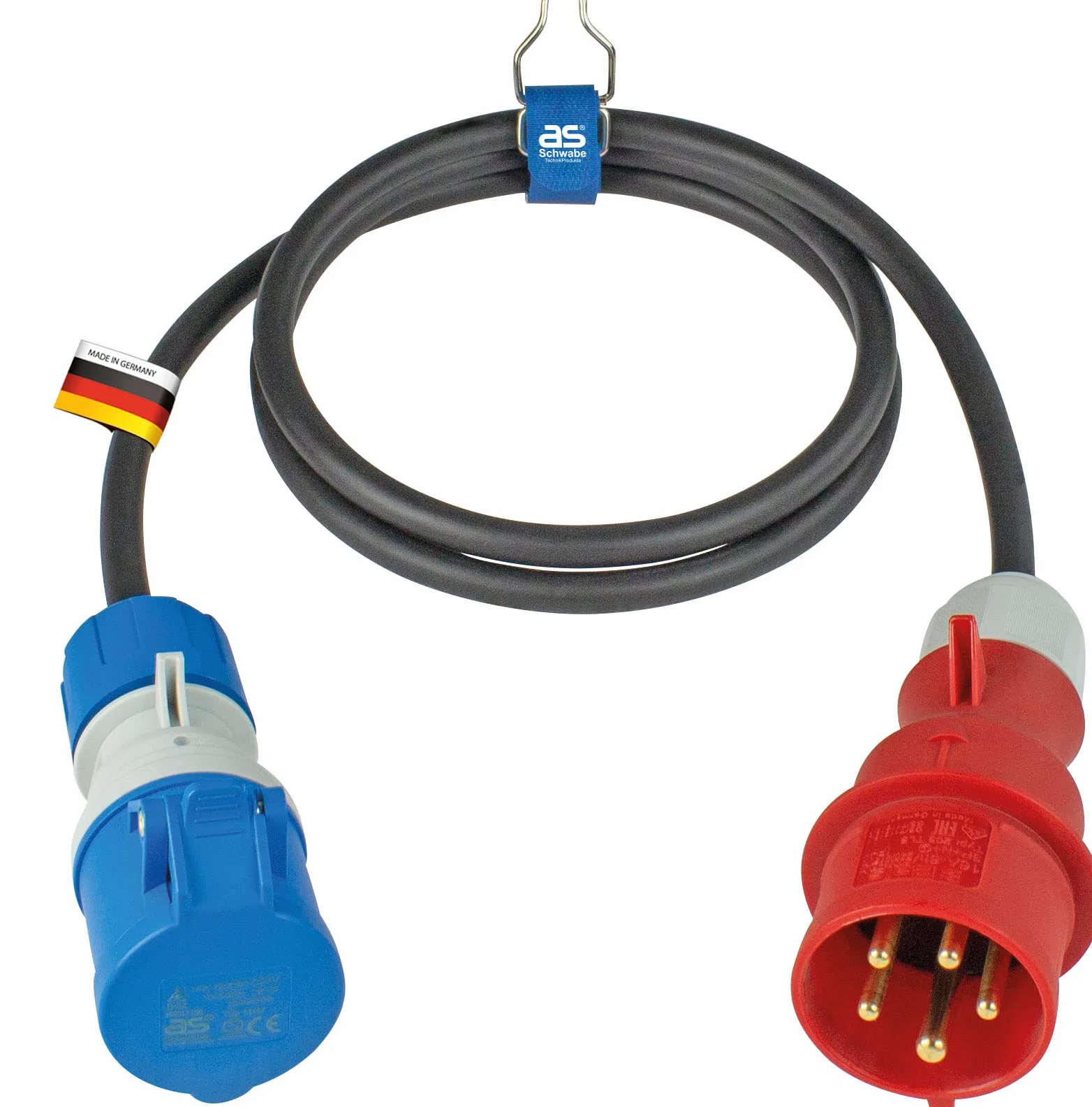 as - Schwabe CEE-Adapterleitung Caravan 1,5 m, CEE-Stecker 400 V / 16 A / 5-polig & CEE-Kupplung mit powerlight Spannungsanzeige und Klappdeckel 230 V / 16 A / 3-polig, IP44, Made in Germany, 61391