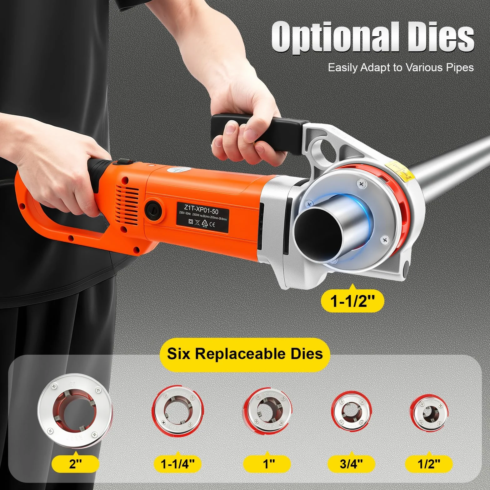 Elektryczna maszyna do gwintowania, 6 matryc 1/2", 3/4", 1", 1-1/4", 1-1/2", 2", 2300 W, 25 obr./min, zestaw zwojów do gwintowników elektrycznych