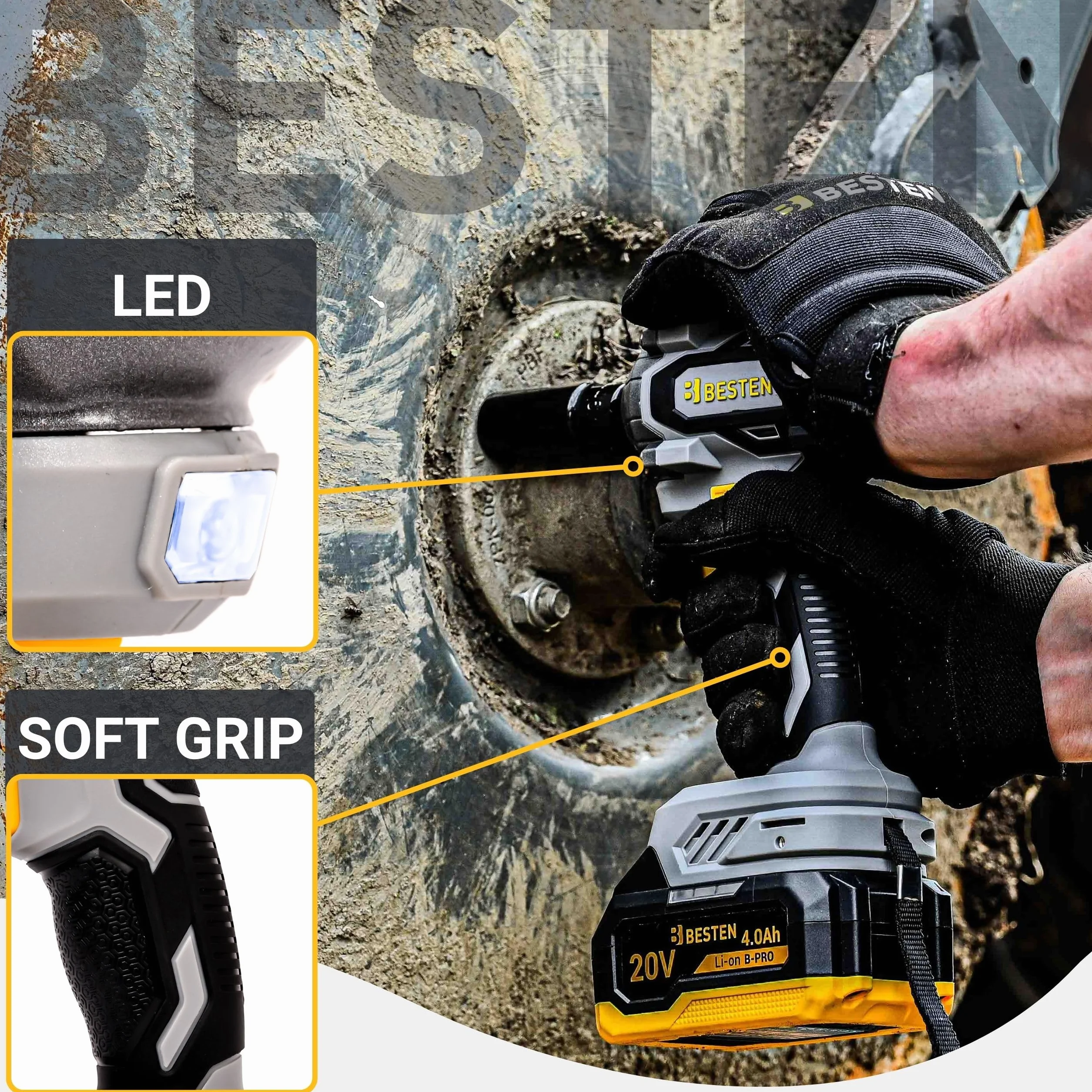 Klucz udarowy akumulatorowy BESTEN 450Nm • 20V BRUSHLESS • 1/2" trzpień • 3 biegi + Smart-Loosening • 2×4.0Ah B-PRO + szybka ładowarka • LED • walizka • BE0002891