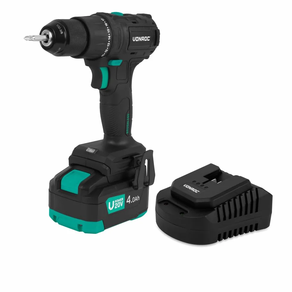 VONROC PRO Wiertarko-Wkrętarka Akumulatorowa 20V 40Nm Bezszczotkowa | 4.0Ah | 2 Biegi 0-1600 obr./min | Metalowy Uchwyt 10mm | 17+1 Ustawień | LED | VPower (aku 4.0Ah i ładowarka)