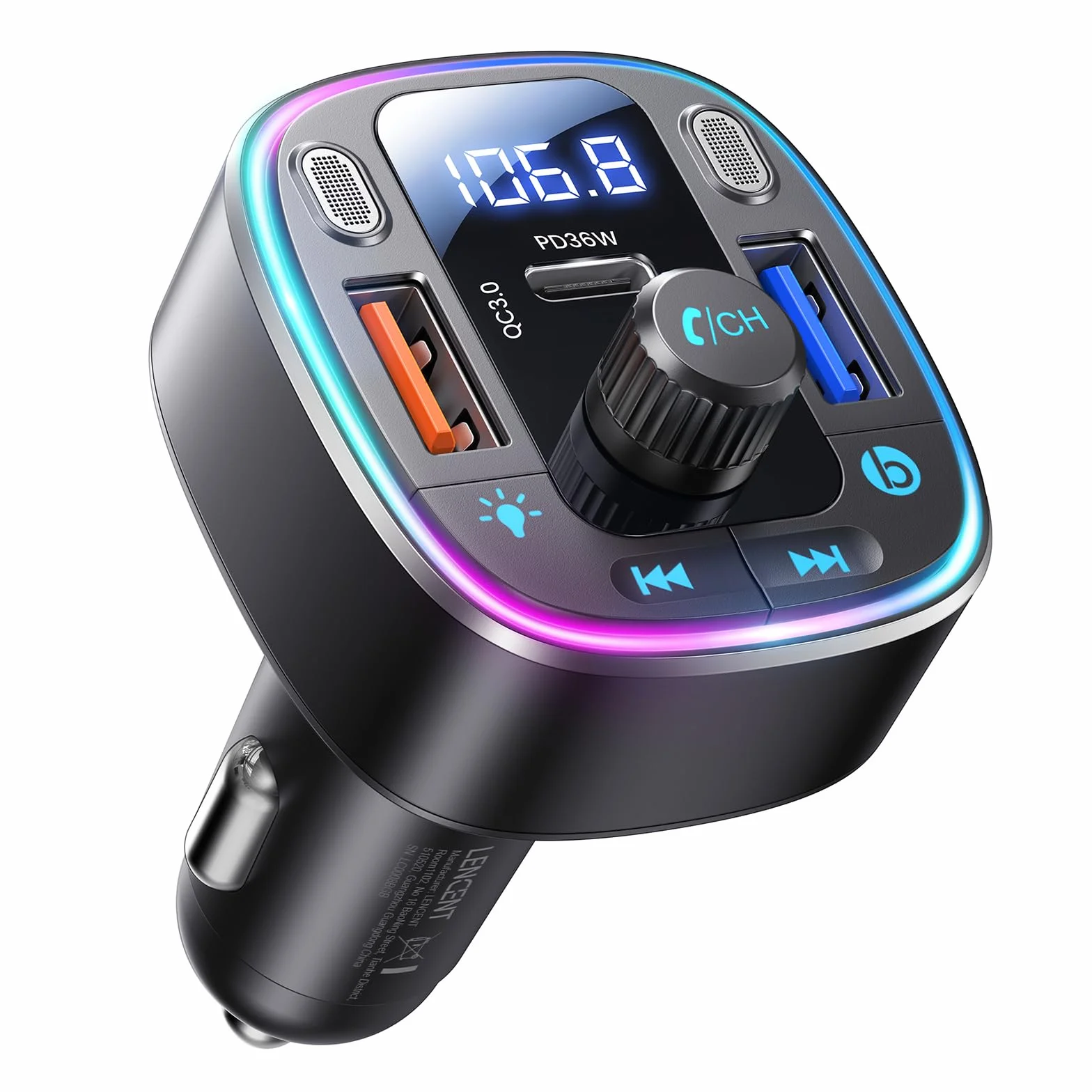 LENCENT Samochodowy transmiter FM Bluetooth 5.4, 54 W, samochodowy adapter Bluetooth, podwójne porty USB szybkie ładowanie (PD 36 W i QC3.0), adapter muzyczny, zestaw głośnomówiący, podwójny mikrofon
