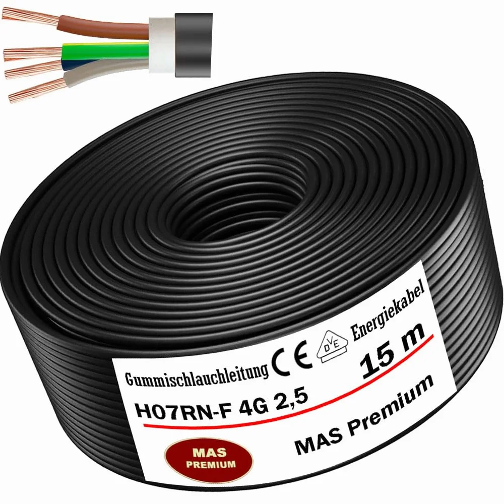 MAS Premium Przewód gumowy od 5 do 100 m, kabel zasilający na plac budowy H07RN-F 4G2,5 mm², elastyczny przewód z przewodem ochronnym do ciężkich urządzeń (15 m)