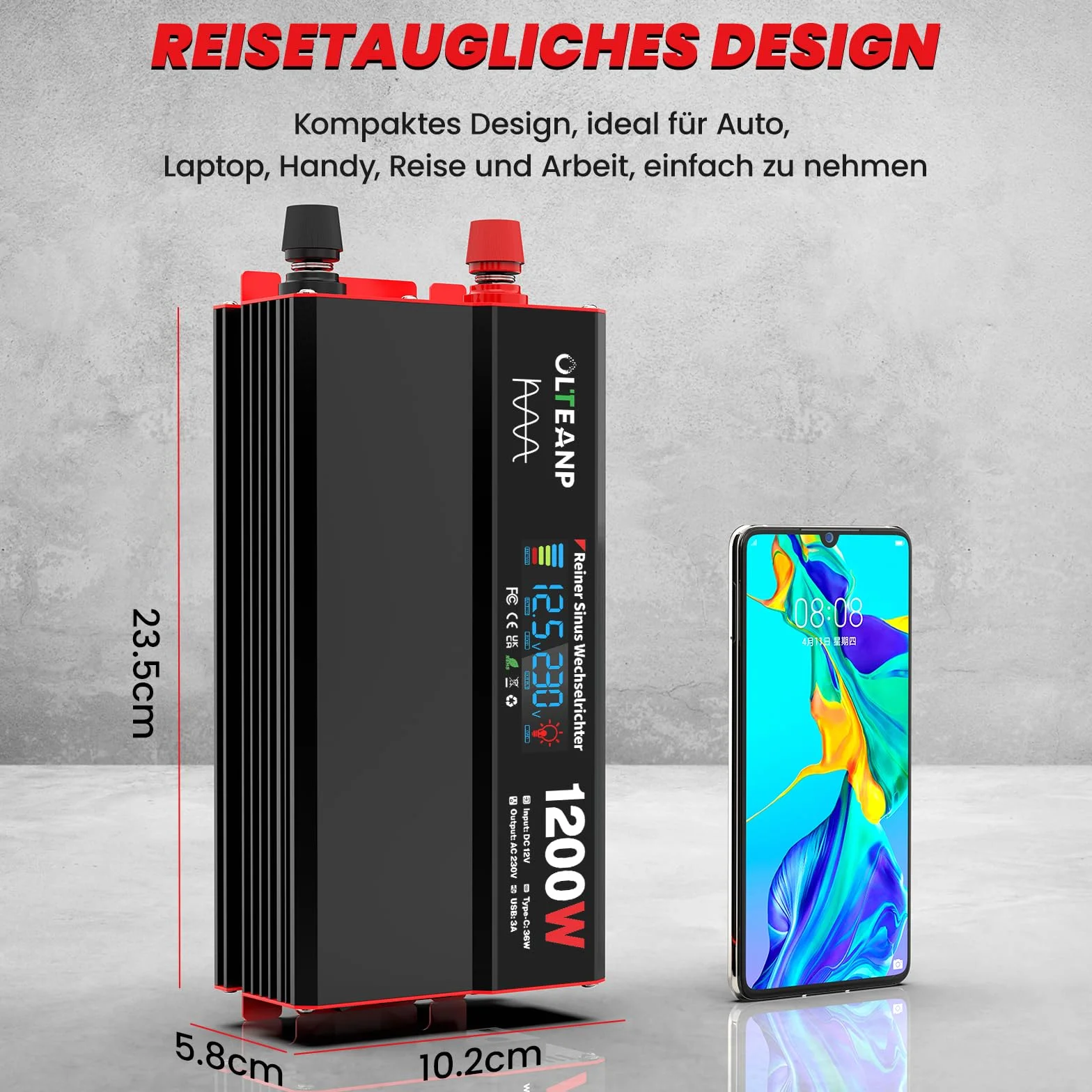 Falownik 12 V na 230 V czysty sinus 1200 W z wyświetlaczem LCD gniazda AC USB 36 W