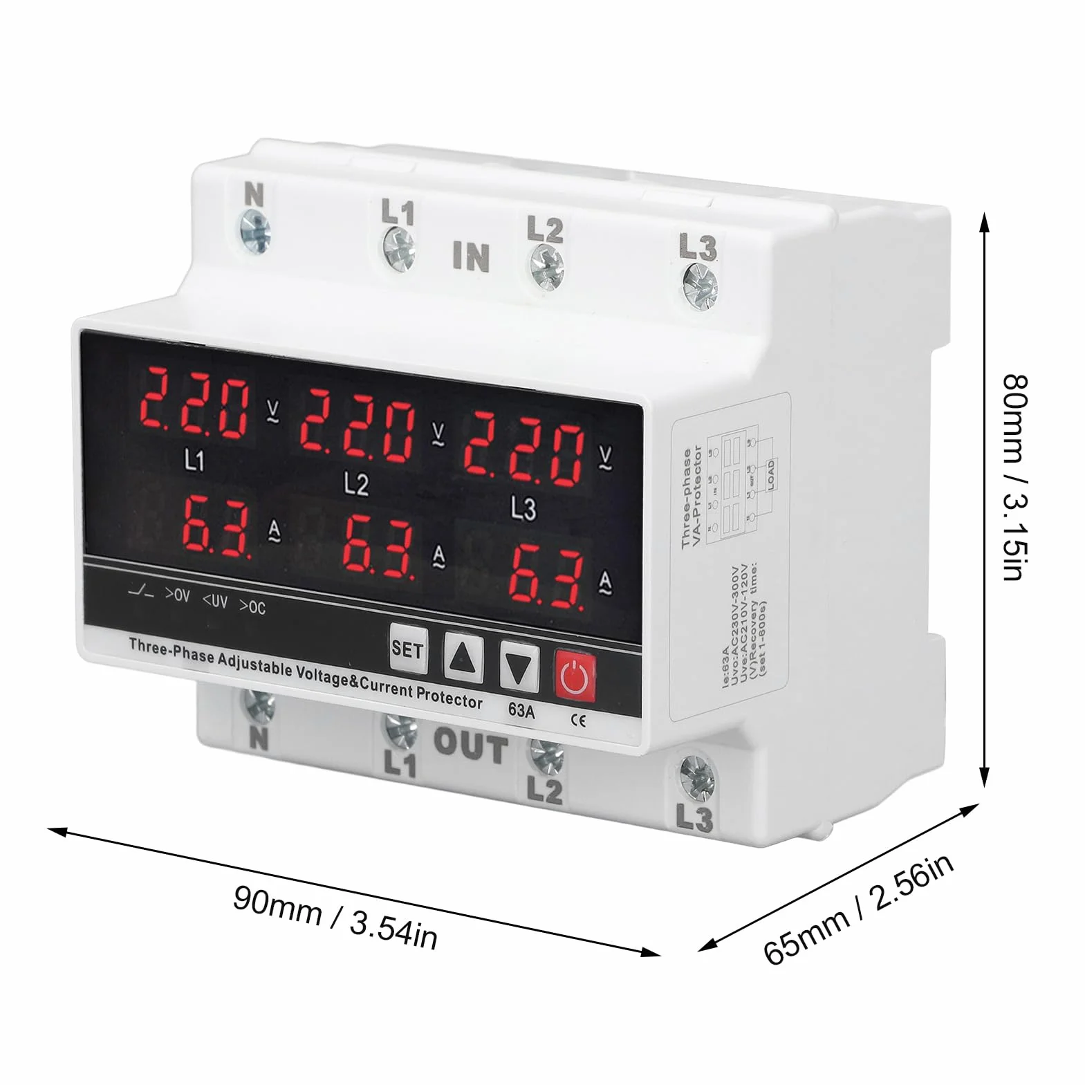 Przekaźnik Podnapięciowy 3-fazowy Regulowany AC120V-300V 63A z Woltomierzem i Amperomierzem