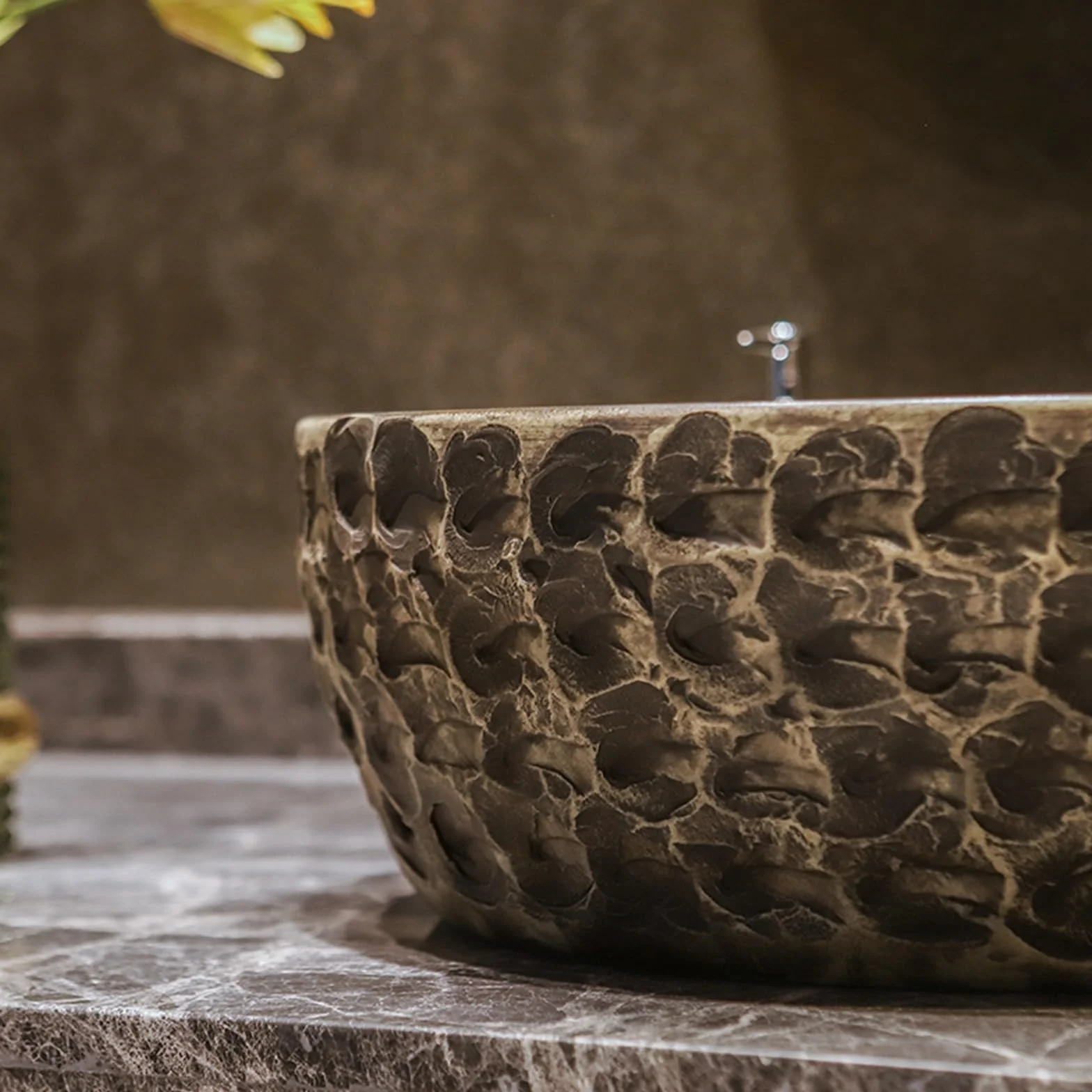 Umywalka Łazienkowa Nablatowa Ceramiczna Umywalka Artystyczna Do Użytku Domowego W Kolorze Brązowym, Antyczna Umywalka Nablatowa Okrągła Umywalka Łazienkowa Umy