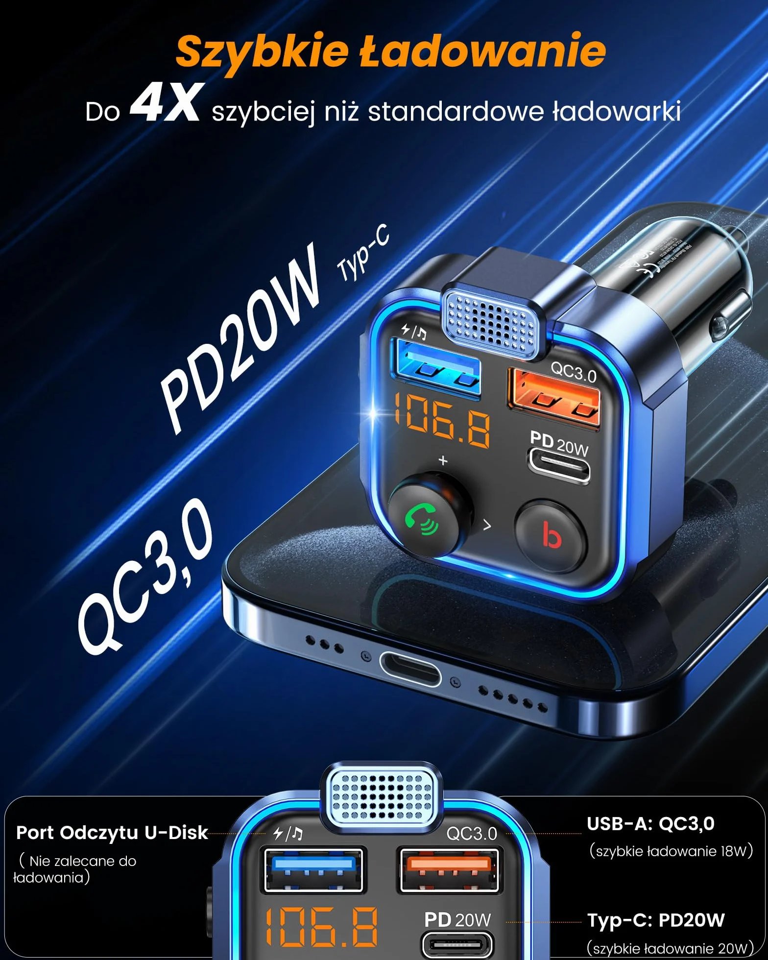 LENCENT Nadajnik FM Bluetooth V5.3, Transmiter FM Radio Samochodowe z głębokim basem Ładowarka Samochodowa z Zestawem głośnomówiącym i dwoma portami USB PD Type-C QC 3.0 USB z Niebieskim Oświetleniem