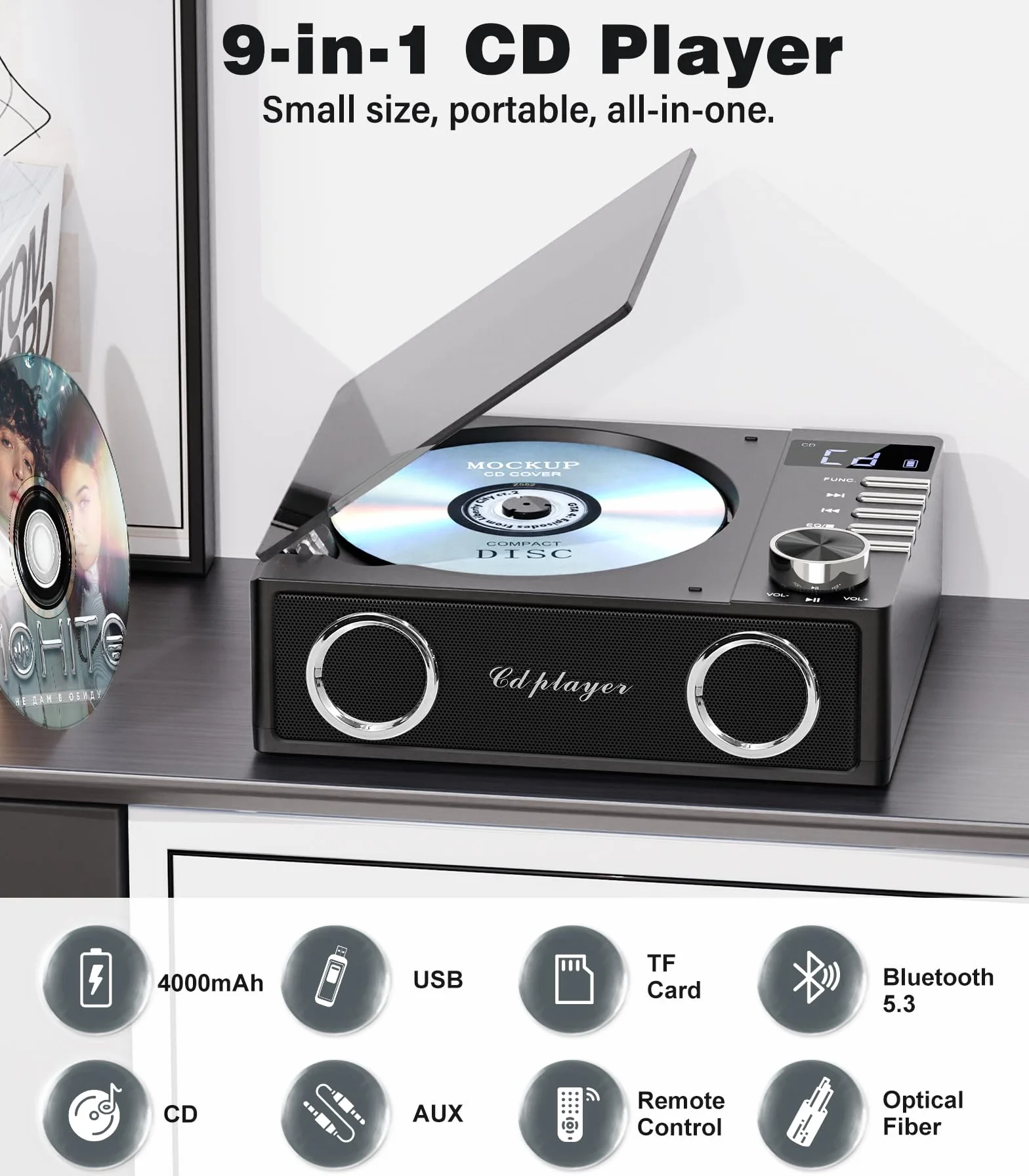 Greadio Przenośny odtwarzacz CD z Bluetooth 5.3, akumulator 4000 mAh, odtwarzacz muzyczny CD z pilotem zdalnego sterowania, podwójne głośniki, wyświetlacz LED, obsługuje USB, kartę TF, AUX do domu