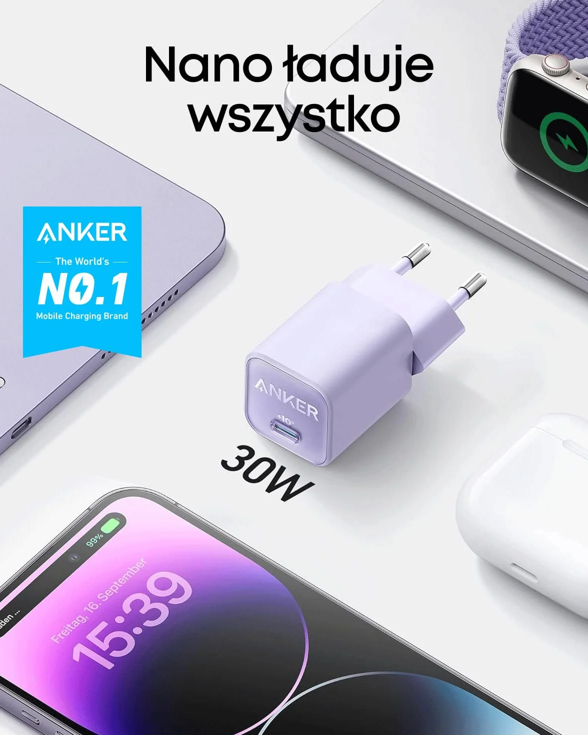 Anker Ładowarka USB C GaN 30 W, 511 (Nano 3), PIQ 3.0 PPS, szybka ładowarka, kompatybilna z iPhone 16/16 Pro/16 Pro Max/15 Pro, Galaxy, Pixel 4/3, iPad (bez kabla do ładowania)