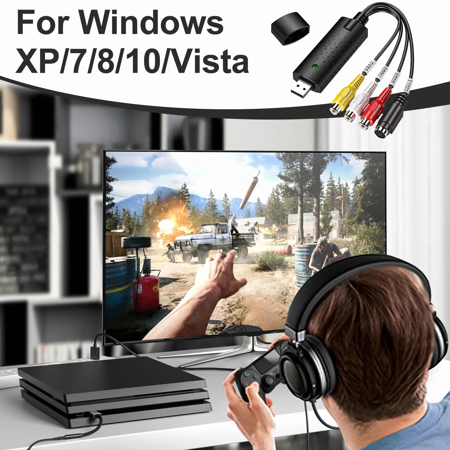 Konwerter VHS Audio/Video Grabber USB 2.0 na cyfrowy, skanowanie i edycja źródeł analogowych jako DVD przez złącze RCA lub S-Video, kompatybilny z Windows i Mac, bez zasilania