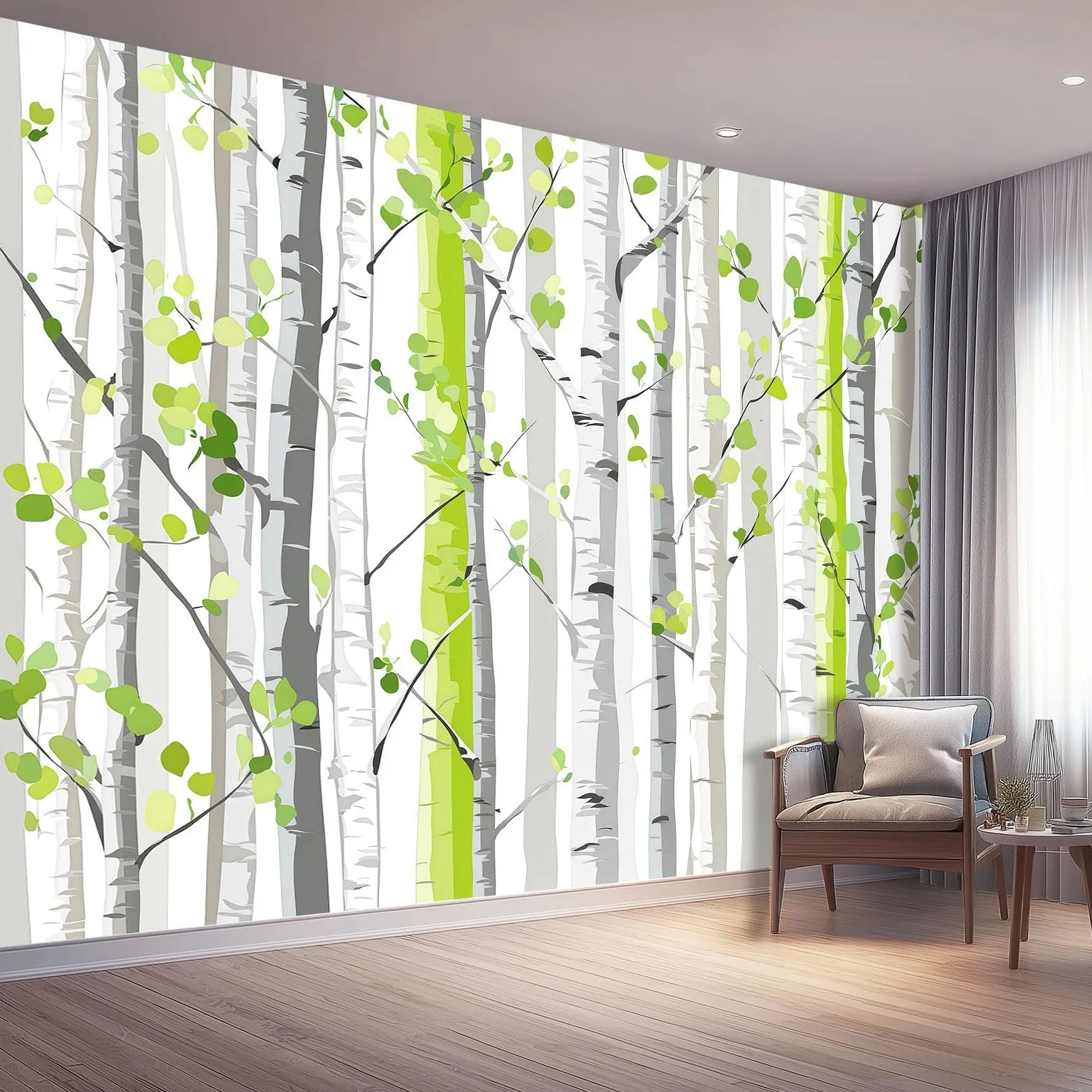 Fototapeta 400 x 280 cm ściany dekoracja salonu natura wzór do sypialni salonu tapeta z włókniny, zielone paski leśne brzozowe