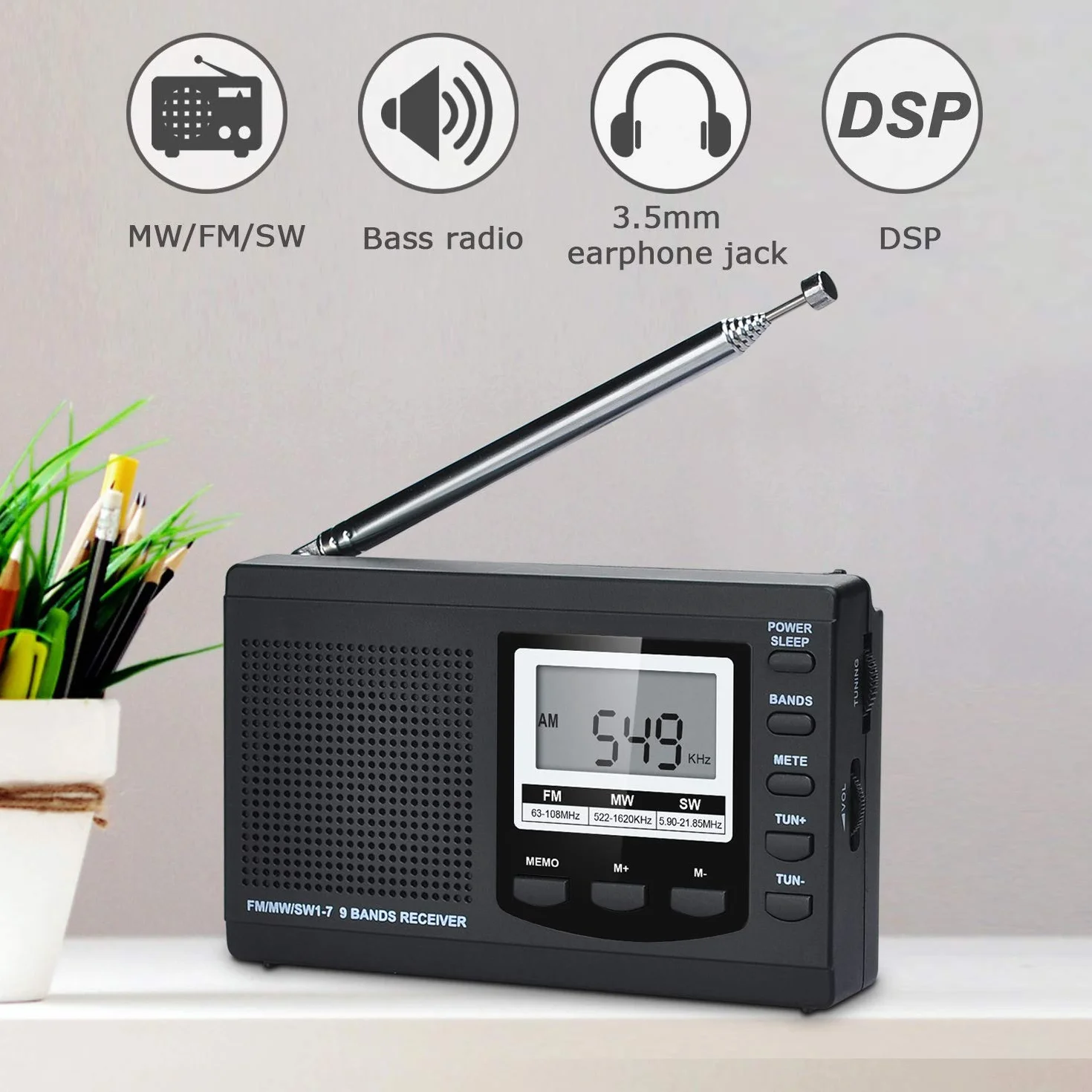 Songway Full Band AM/FM/SW DSP Radio Stereo Głośnik Wyświetlacz LCD Budzik Timer Snu Kieszonkowe Radio Cyfrowa Demodulacja Najlepszy odbiór z anteną teleskopową (czarny)