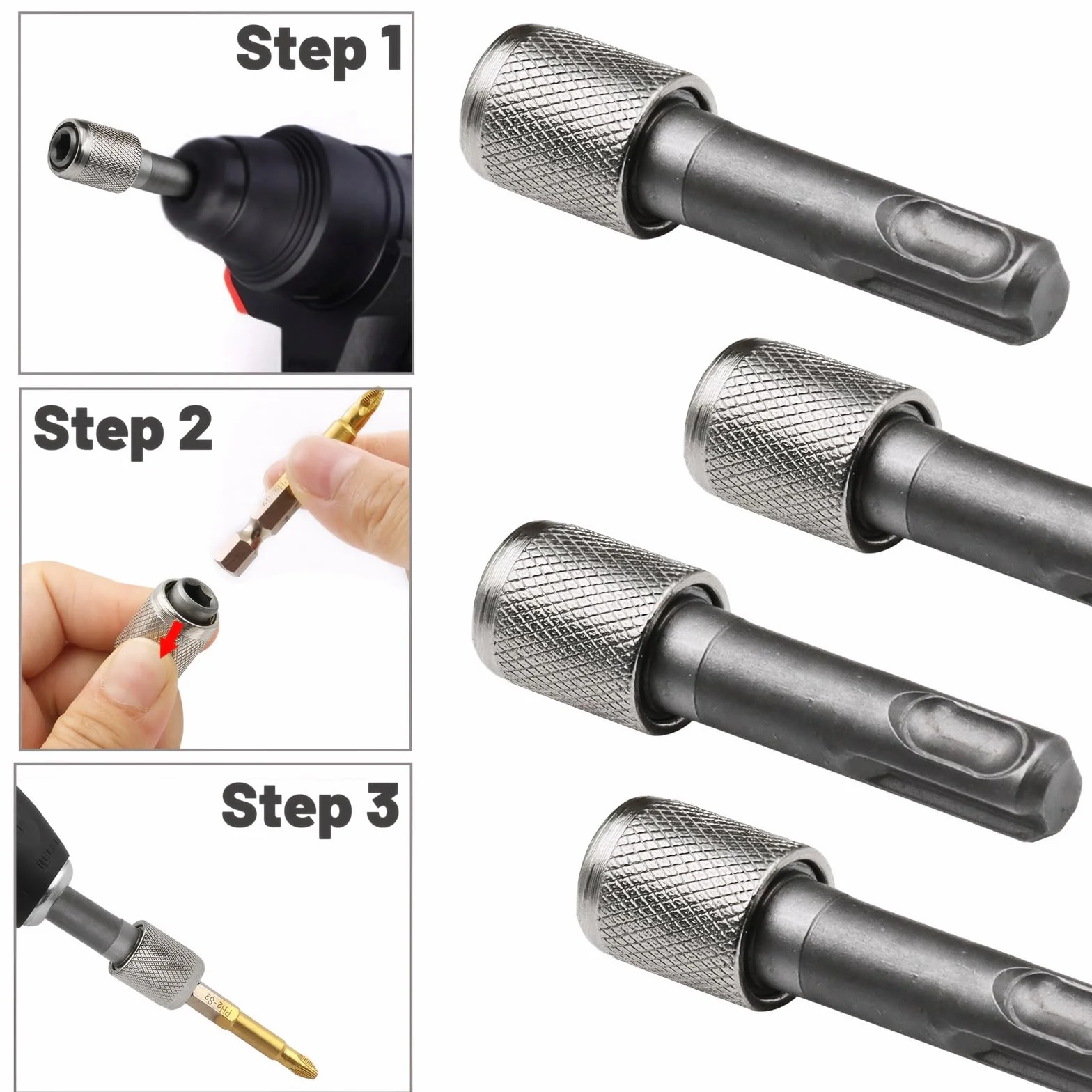 MAEXUS 4 x adapter SDS Plus, adapter SDS Plus 6,35 mm (1/4"), uchwyt sześciokątny, uchwyt wiertarski
