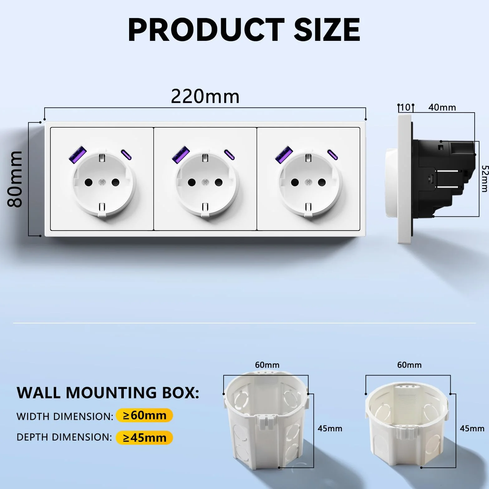 BSEED LIFE Gniazdko wtykowe z zestykiem ochronnym z USB/typ C 20 W, podtynkowe standardowe gniazda wtykowe z ramą PC, 80 x 220 mm, gniazdo inzelowe z pazurami, łatwa instalacja, 3-krotne, białe
