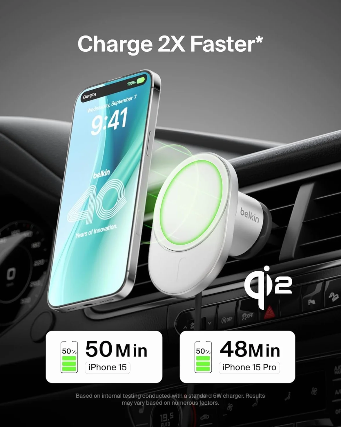 Belkin BoostCharge Pro magnetyczna bezprzewodowa ładowarka samochodowa 15W Qi2 MagSafe do iPhone 16-13 z kablem USB-C 1,5 m