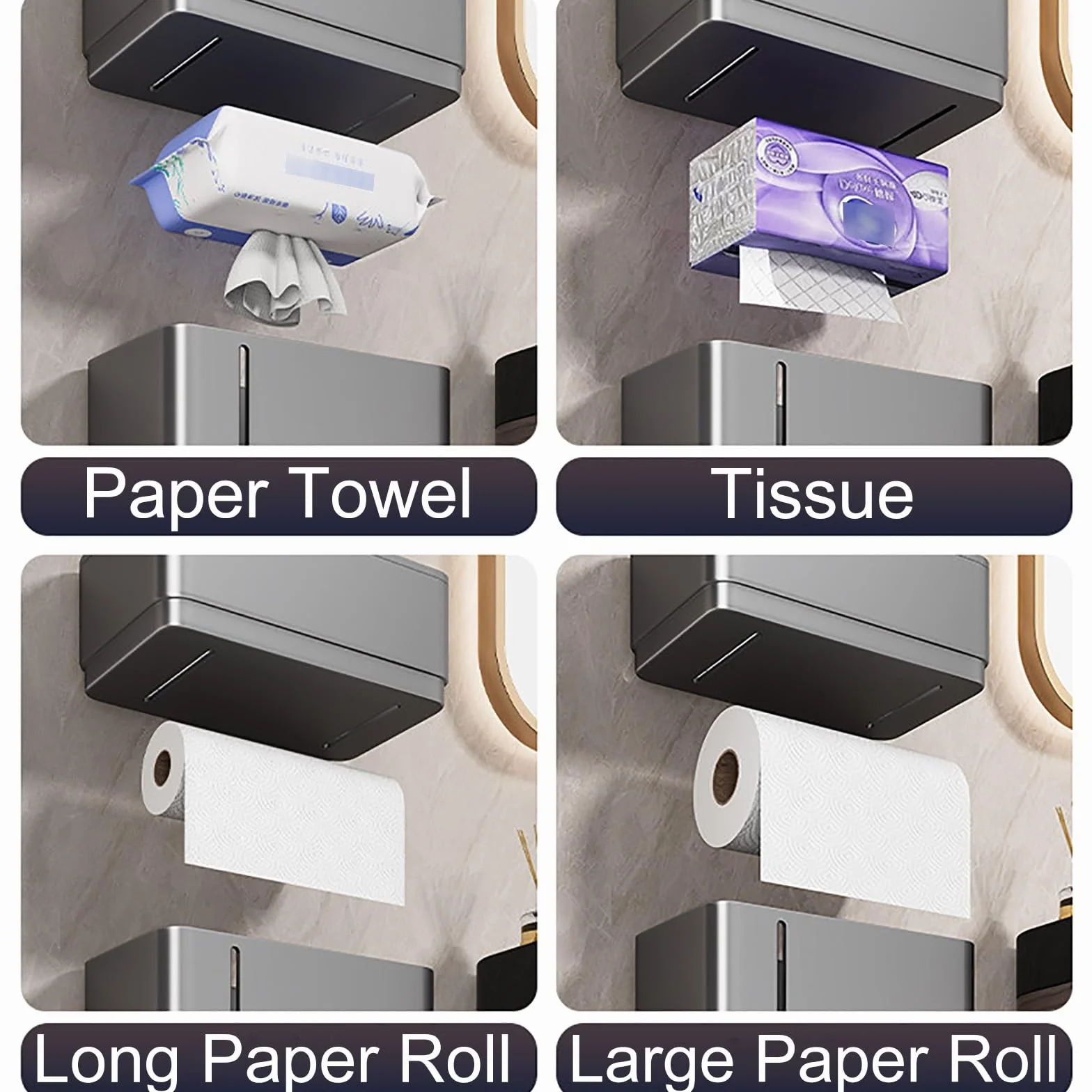 Dozownik Papieru Toaletowego, Dozownik Ręczników Papierowych Montowany na Ścianie, Dozownik Chusteczek Higienicznych, Rolkach Metalowy, Łazienkowych(Gray)