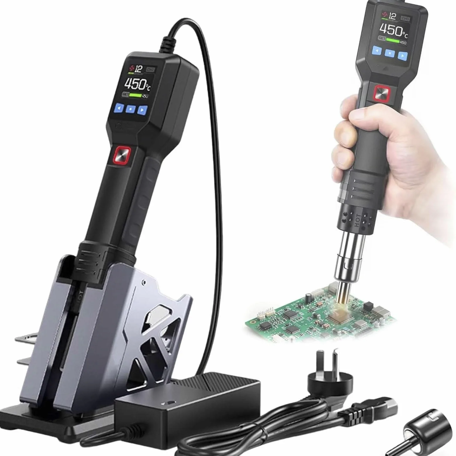 Stacja do rozlutowywania gorącym powietrzem, inteligentna opalarka, przepływ powietrza 80 l/min, wyświetlacz LCD, do majsterkowania przy lutowaniu elektroniki, termokurczliwych rurek