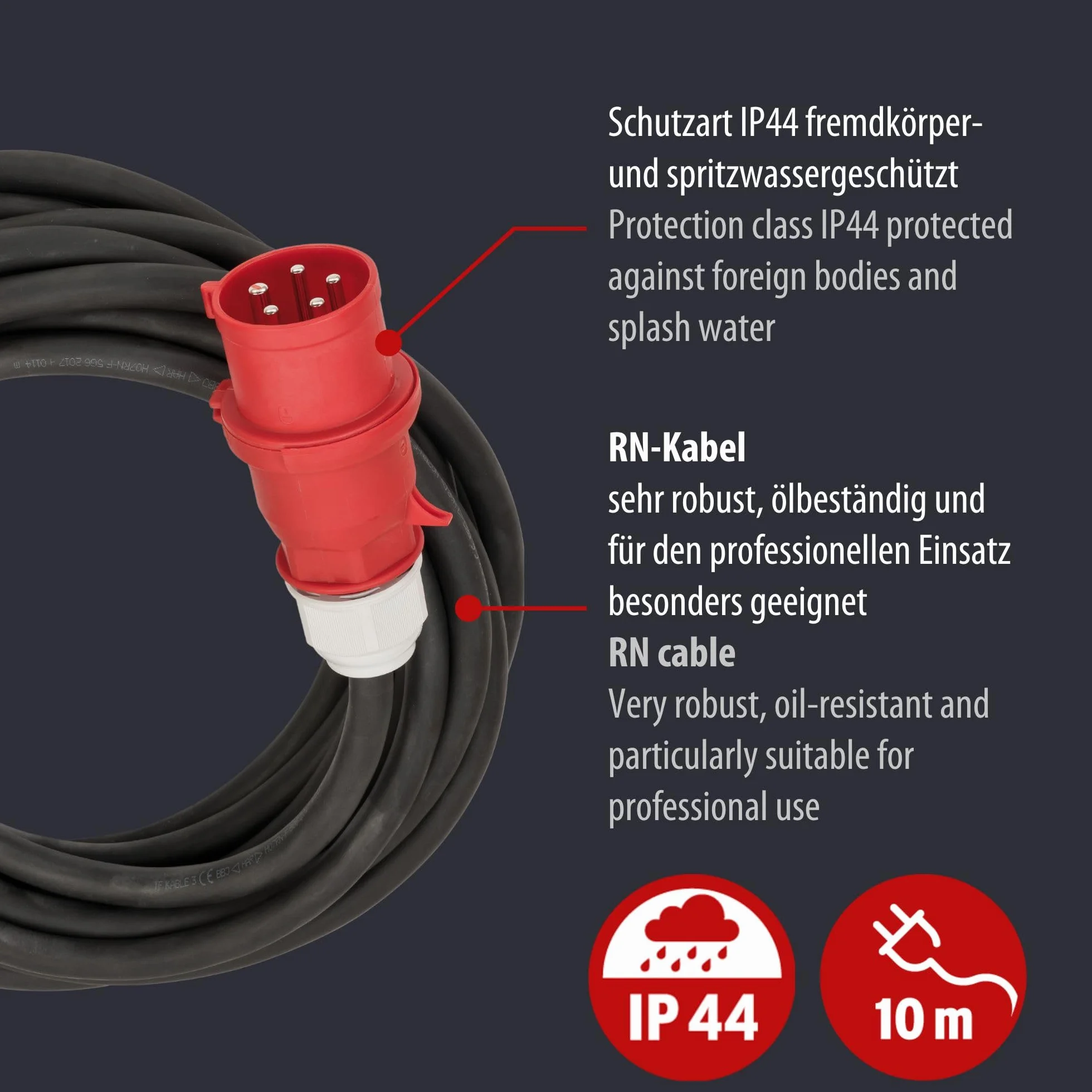 Brennenstuhl Professional przedłużacz CEE IP44 (10m kabel, H07RN-F 5G6,0 5-biegunowy z wtyczką CEE i złączem, do zastosowań zewnętrznych IP44, Made in Germany) czarny