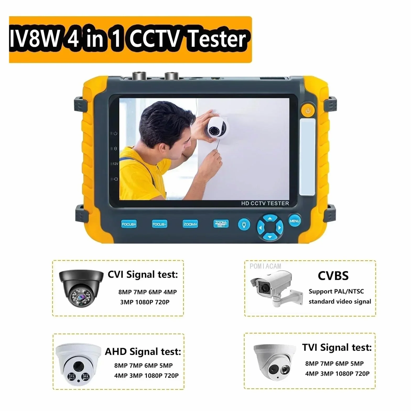 Tester CCTV, IV8W 5,0-calowy monitor CVBS 8MP AHD/CVI/TVI Tester CCTV kamery 4 w 1 Przenośny tester Obsługa wejścia PTZ VGA