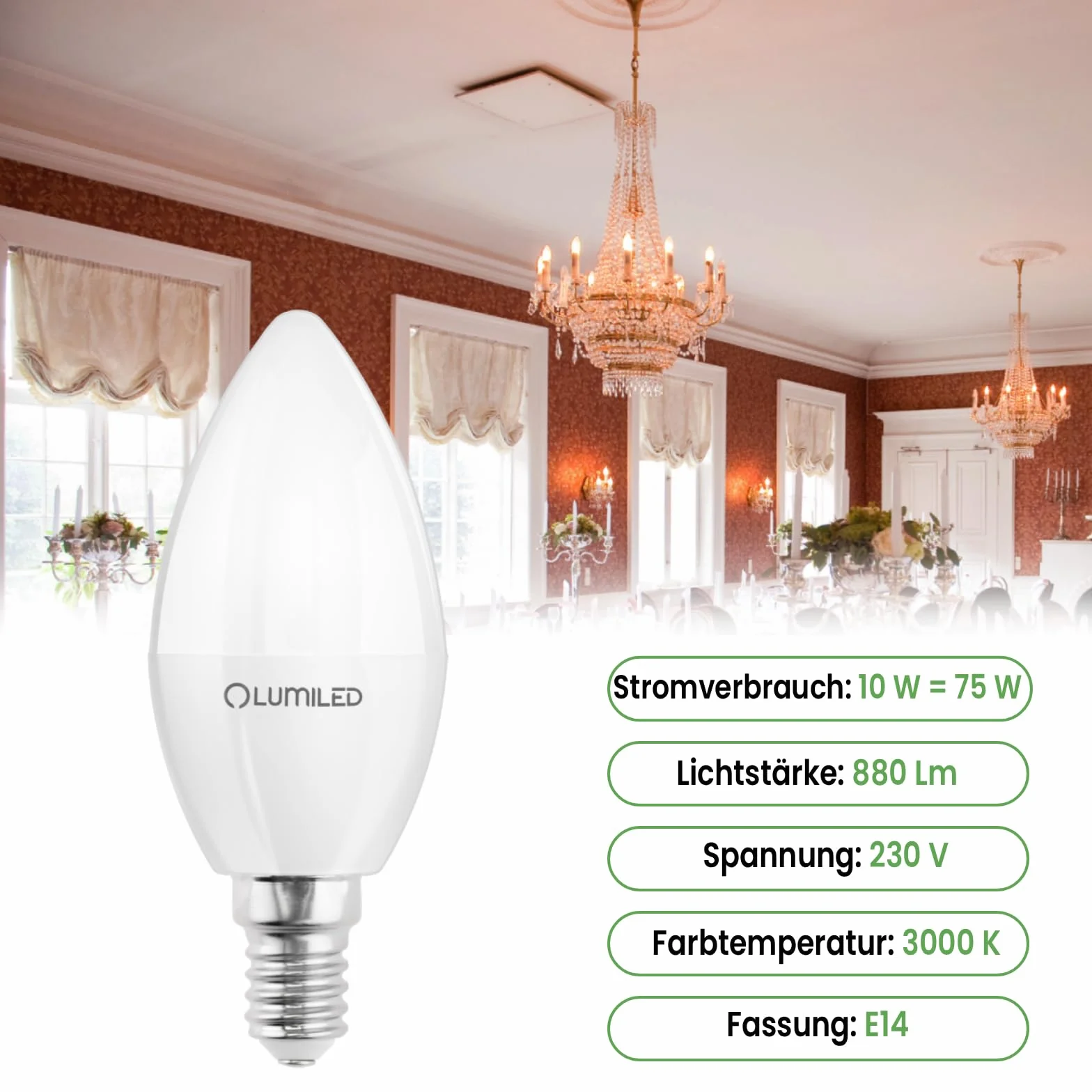 Lumiled żarówka LED E14 B35 10W, zastępuje żarówkę 75W, 230V, 1100lm, 3000K ciepła biel, nie do ściemniania, do żyrandoli i lamp sufitowych – zestaw 6 sztuk