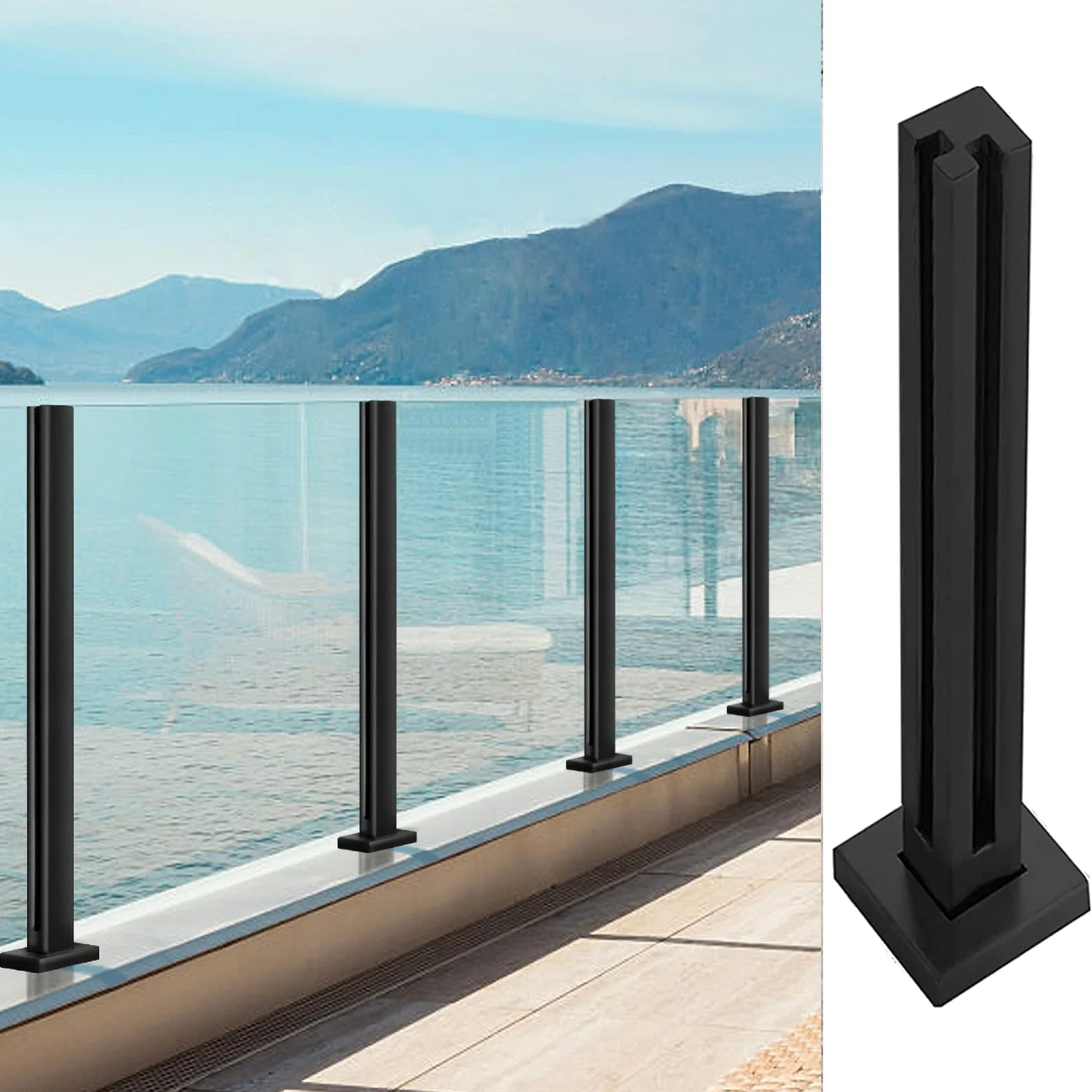 inless Stalowe czarne panele słupkowe na basen, patio, korytarz, 6 x 5 cm, kwadratowe ogrodzenie balustrady, do 10 12 mm, zestaw słupków końcowych środkowego narożnika, 100 x 61 cm