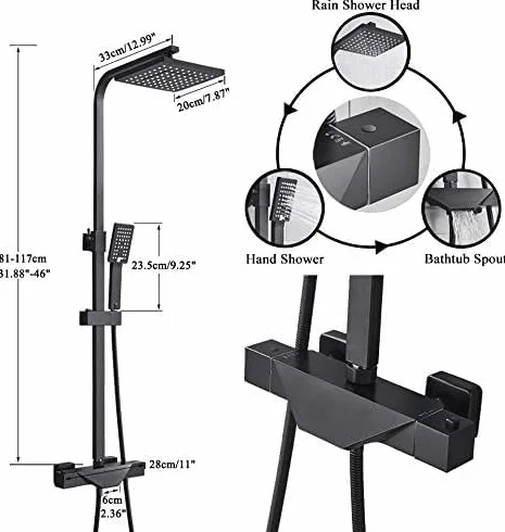 Bateria Łazienkowa Czarna Deszczownica Termostatyczna Bateria Wannowa Montowana Na Ścianie Bateria Prysznicowa Bateria Natryskowa Zestaw Prysznicowy, Termostatyczna Chro,Thermostatic Black a
