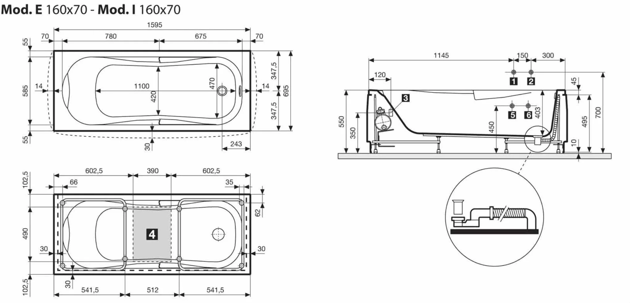 Novellini Calypso Eco Wanna 160 x 70 wys. 55 cm Hydro Whirlpool 6 strumieni odwracalny zapłon pneumatyczny kształt zewnętrzny prostokątny wewnętrzny osiem 2 panele akryl biały błyszczący kolumna