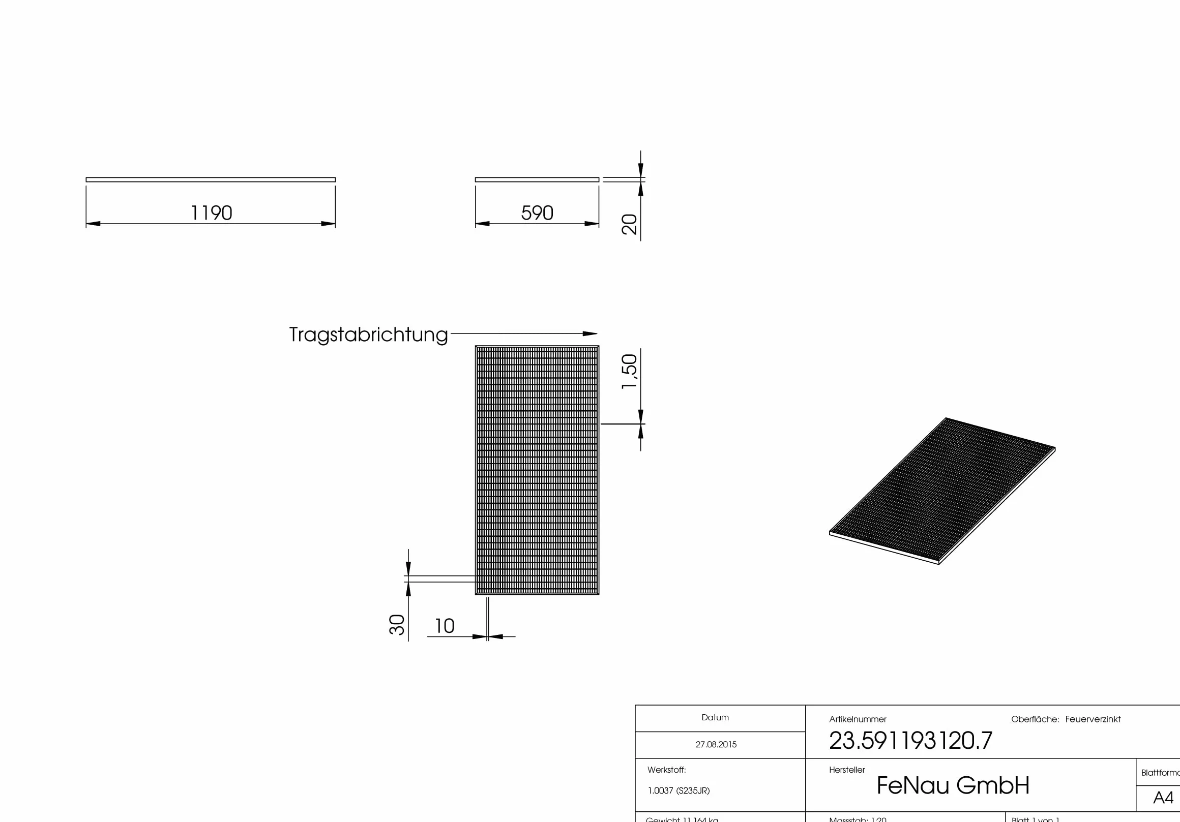 Fenau – 590 x 1190 x 20 mm – Ruszt kratowy, MW: 30/10 mm, ocynkowany, ruszt dla ramy: 600 x 1200 x 23 mm, standardowy ruszt budowlany do szybu wentylacyjnego