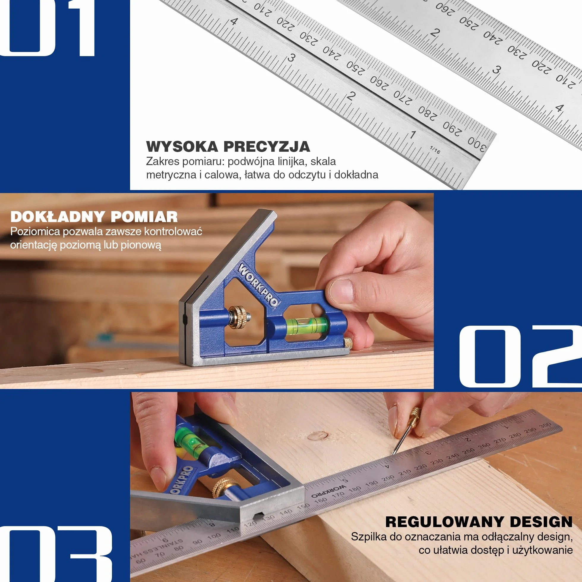 WORKPRO Kątomierz wielofunkcyjny 300 mm, uniwersalny kątownik z poziomicą i igłą nastawną, regulowany kątomierz ze stali nierdzewnej 90/45 stopni, narzędzie pomiarowe z uchwytem ze stopu cynku