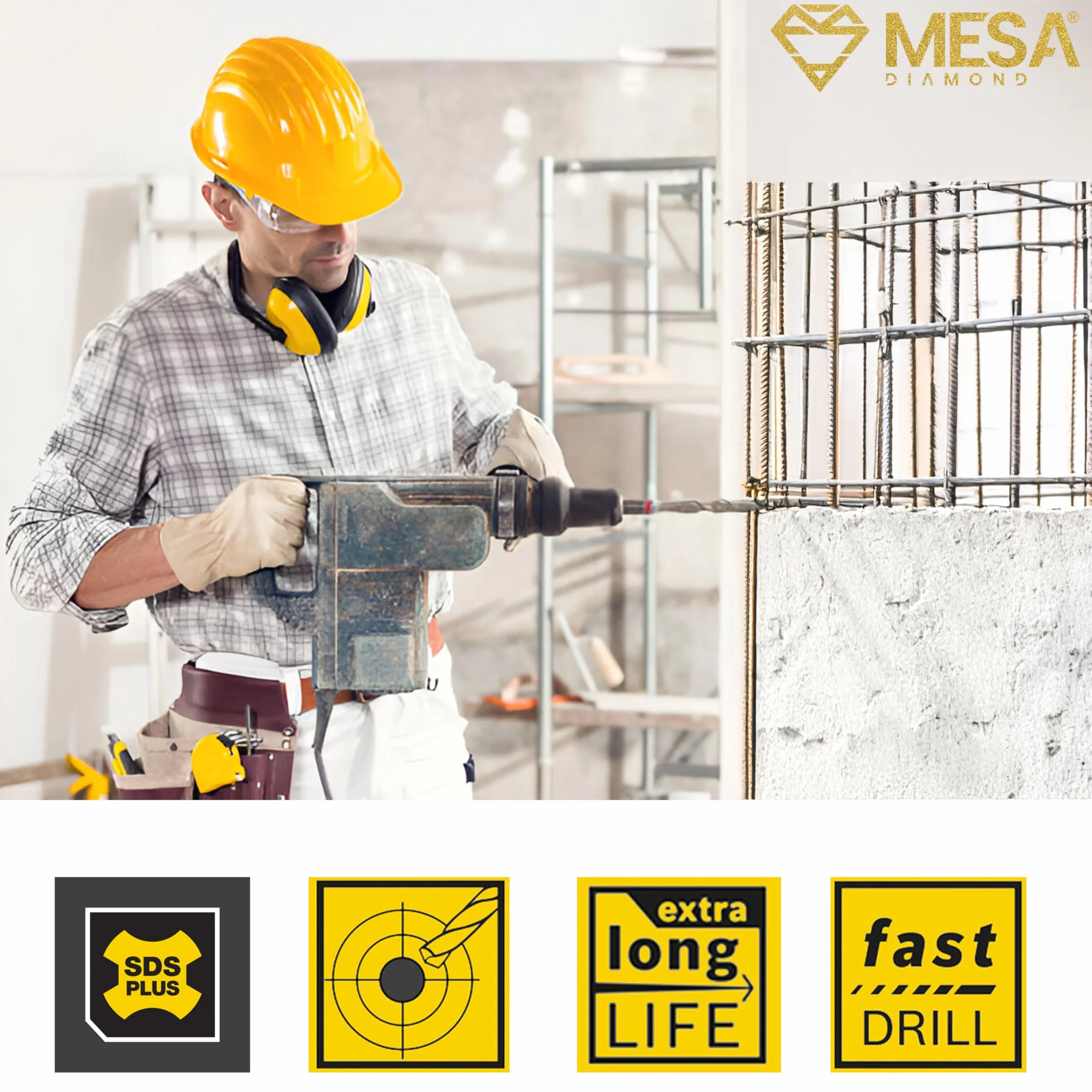 (5 szt.) 1.4 cm x 81.3 cm SDS Plus 2 frezy z węglika spiekanego udarowe wiertło udarowe do betonu, cegły, bloku i muru | MESA DIAMOND®