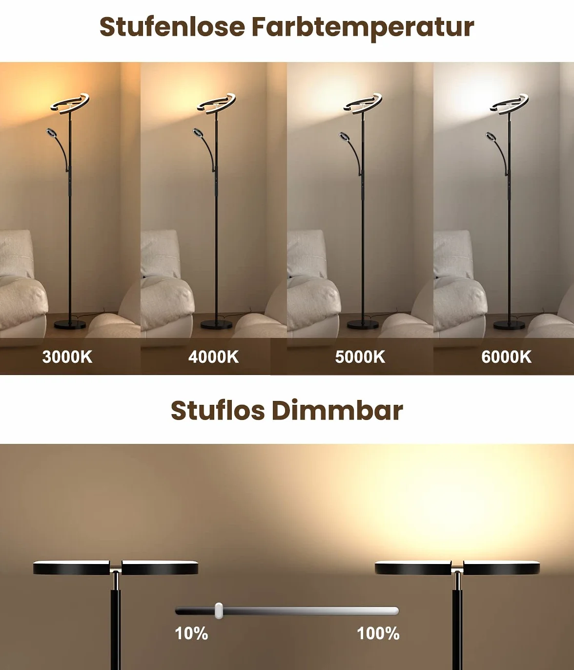 ANTENLICHT KAKA ściemnialna lampa stojąca LED, czarna 20 W z nowoczesną, elastyczną lampą do czytania 7 W, z pilotem zdalnego sterowania 1500 lm, 4 temperatury barwowe do salonu, sypialni
