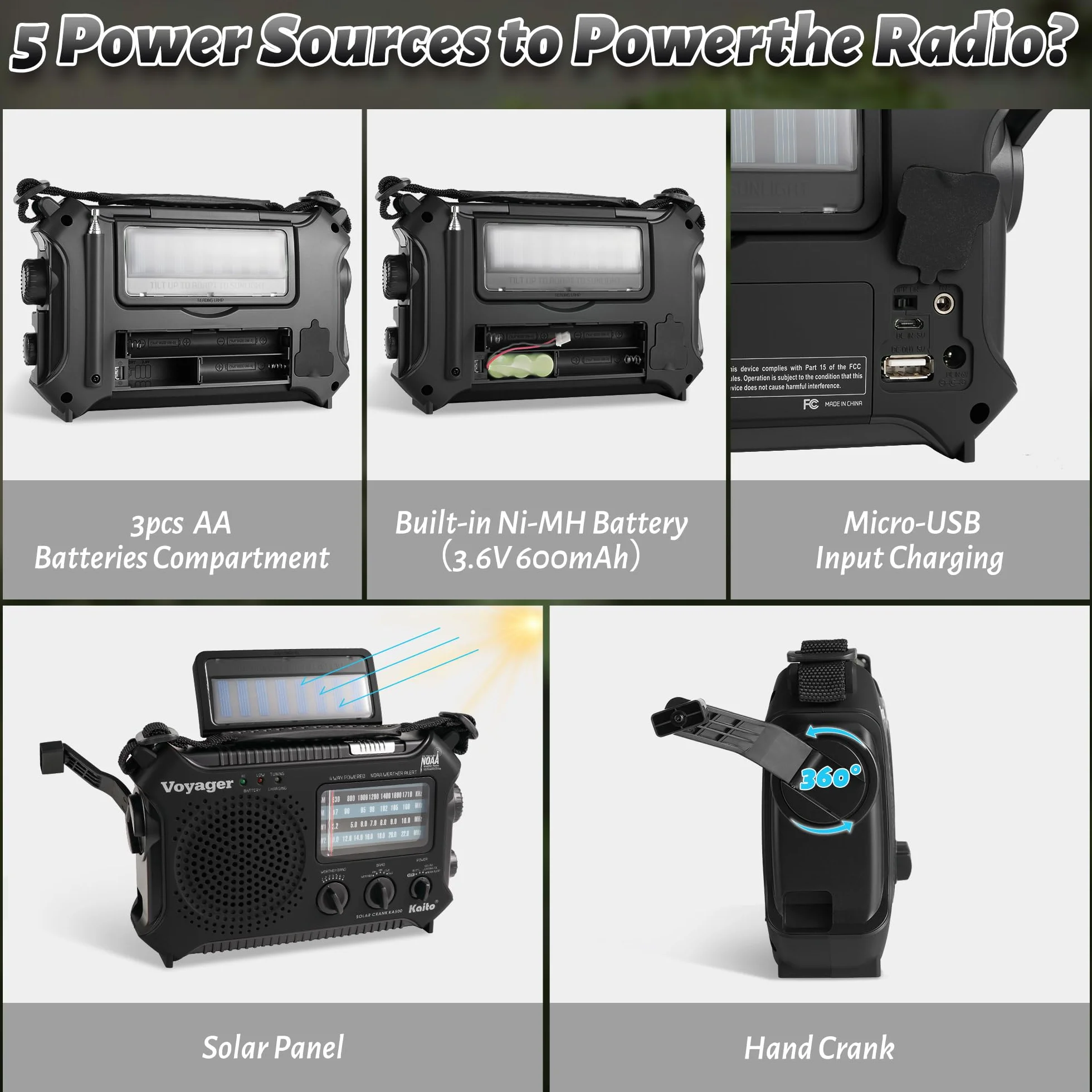 Kaito KA500 5-drożne zasilanie awaryjne AM/FM/SW NOAA radio z alarmem pogodowym z energią słoneczną, korbą dynamo, latarką i lampą do czytania, kolor czarny