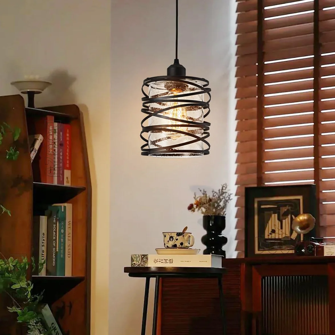 Zestaw 2 przemysłowych żyrandoli wiszących w stylu retro, vintage, metalowa lampa sufitowa E27 ze szklanym abażurem do sypialni, restauracji, salonu (2-klosz z przezroczystego szkła - A)