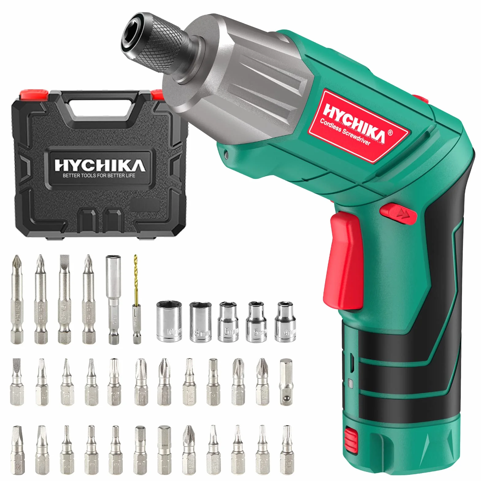 HYCHIKA Wkrętarka akumulatorowa, 6 N·m maks. moment obrotowy HYCHIKA 2000 mAh 3,6 V akumulator litowo-jonowy z 36 akcesoriami, LED i latarka, klucz zapadkowy,