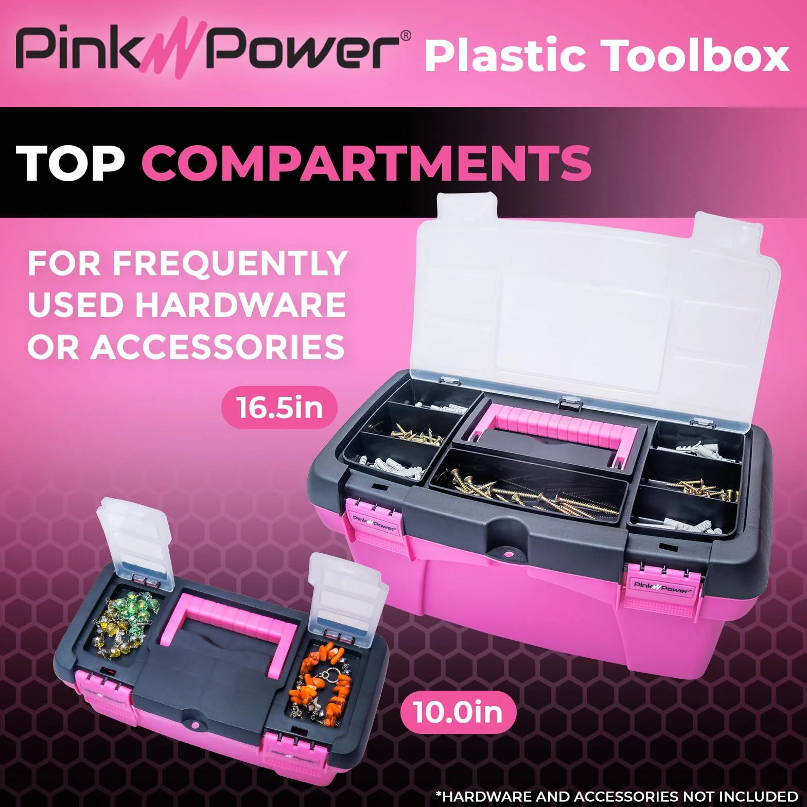 Pink Power Pink Tool Box for Women - Sewing, Art & Craft Organizer Box Small & Large Plastic Tool Box with Handle - Pink Toolbox Sewing Box Tool Storage Box - Portable Mini Locking Tool Boxes (2 Pack)
