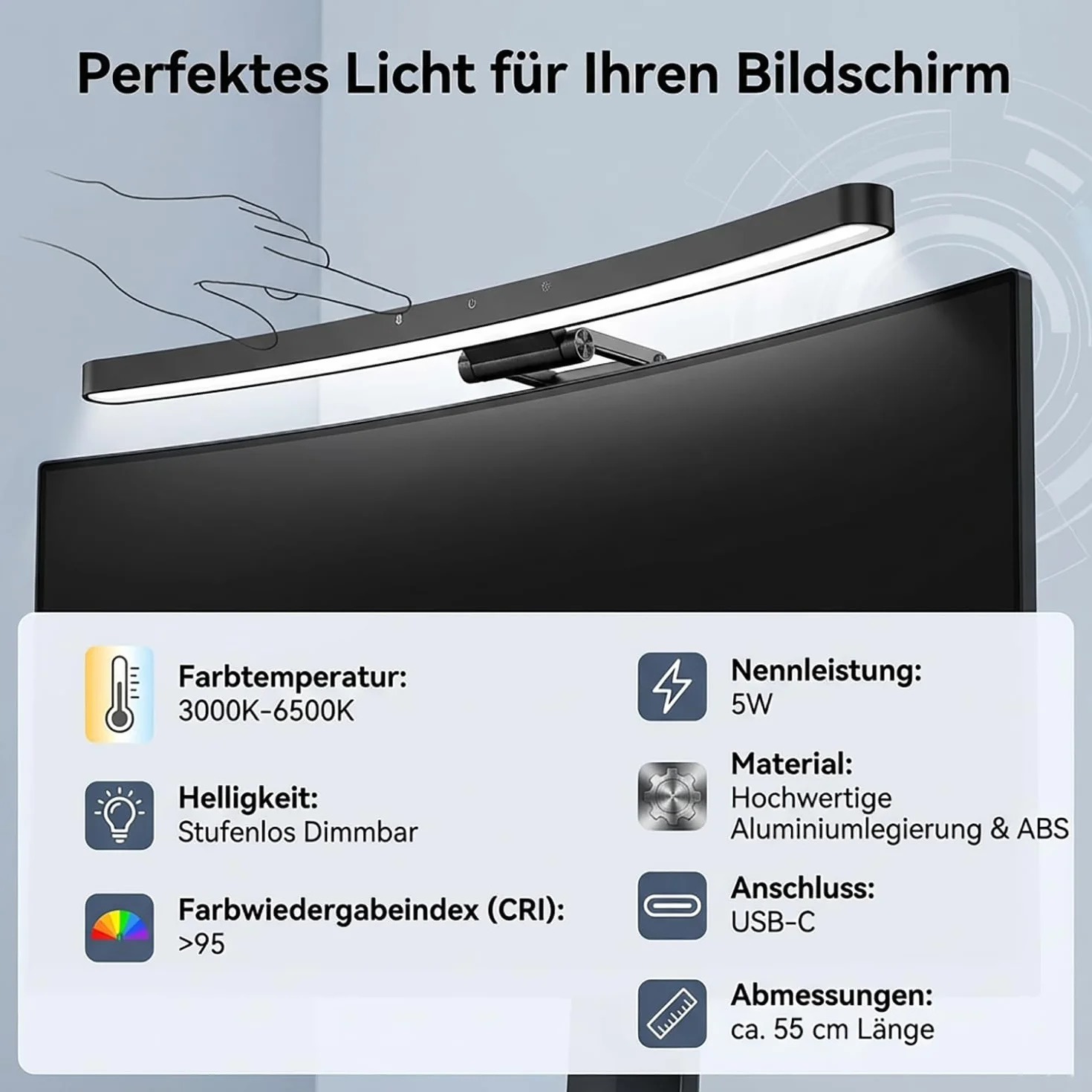 Light Bar Touch Control 55 cm lampa ekranowa USB z regulacją odcienia i bezstopniowym ściemniaczem