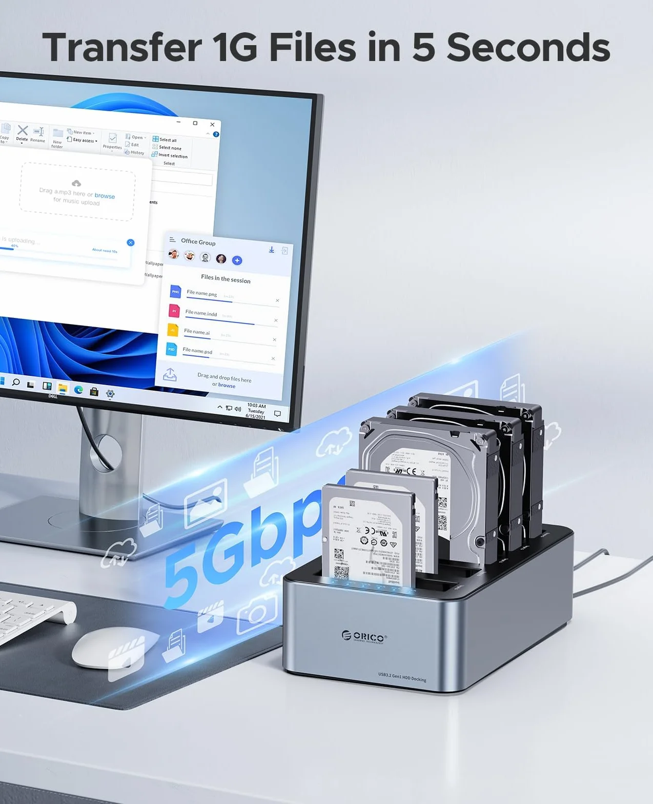 ORICO Clone HDD Aluminiowa stacja dokująca USB 3.2 Gen 1 do SATA 2,5/3,5" SSD/HDD do 20 TB, klonowanie offline