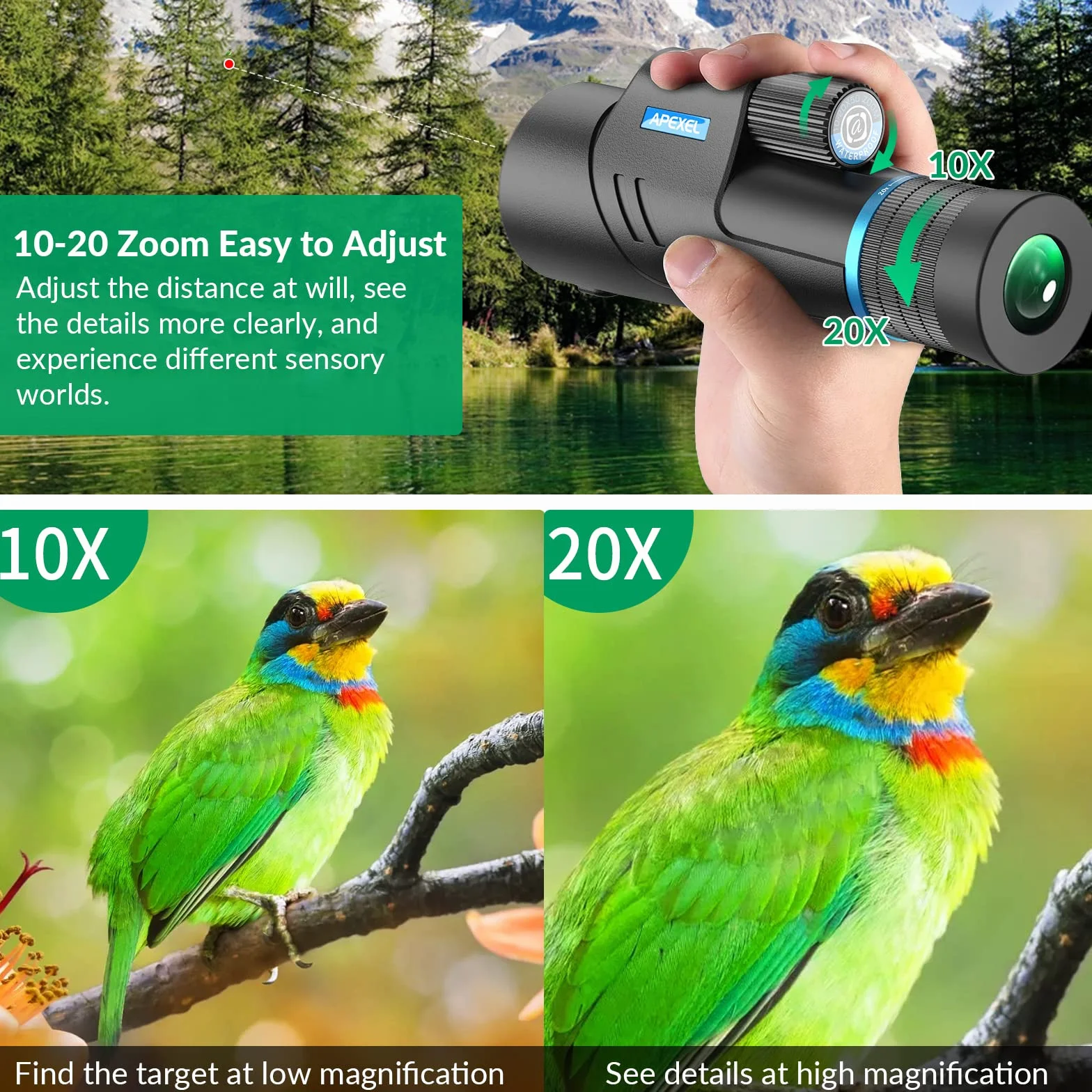 APEXEL Teleskop monokularowy HD 10-20×50 wodoszczelny BAK4 FMC noktowizor do obserwacji ptaków