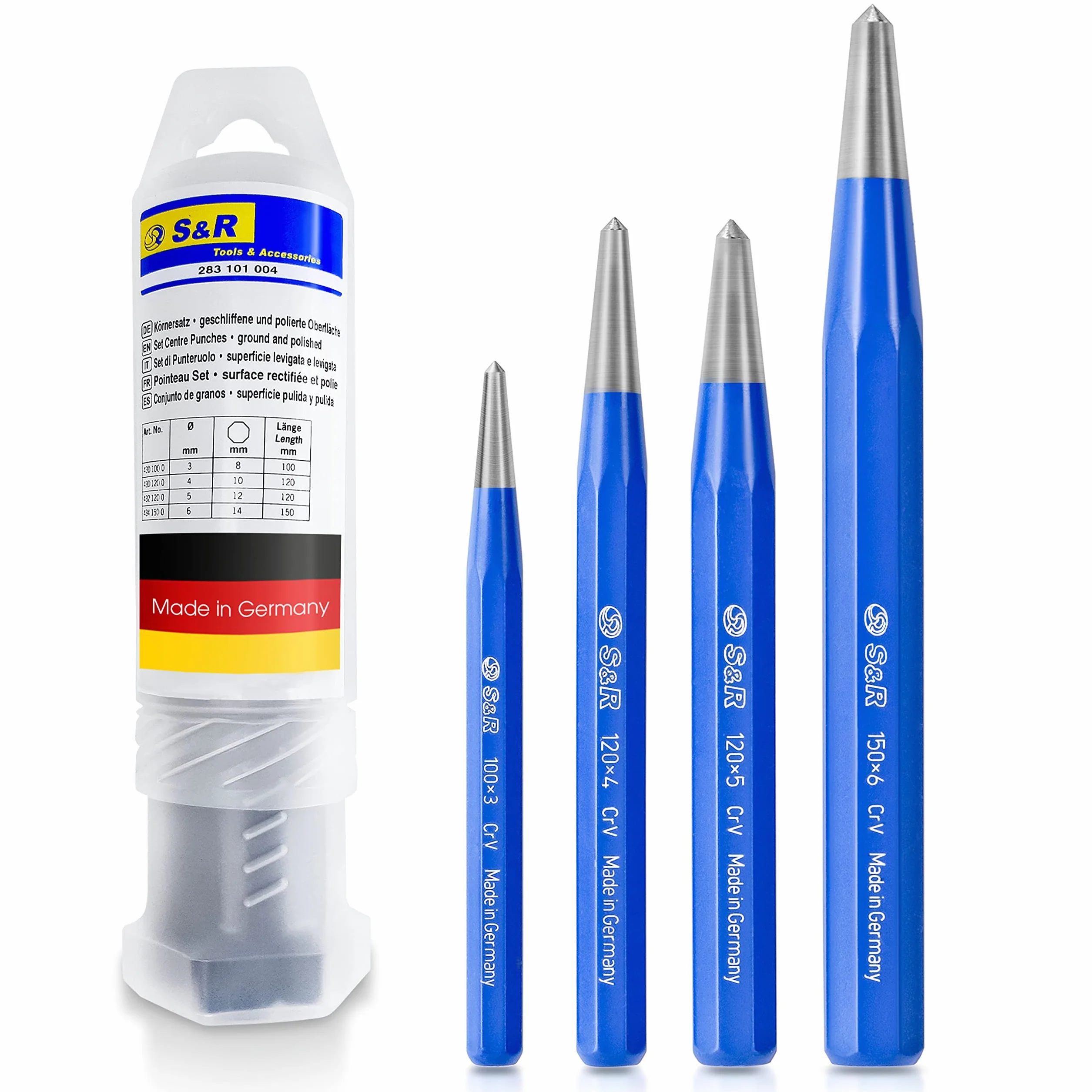 S&R 4-częściowy zestaw kernerów 3, 4, 5, 6 mm, stal CrV, wyprodukowano w Niemczech/kute i hartowane, odporne na uderzenia, w wytrzymałym pudełku z tworzywa sztucznego