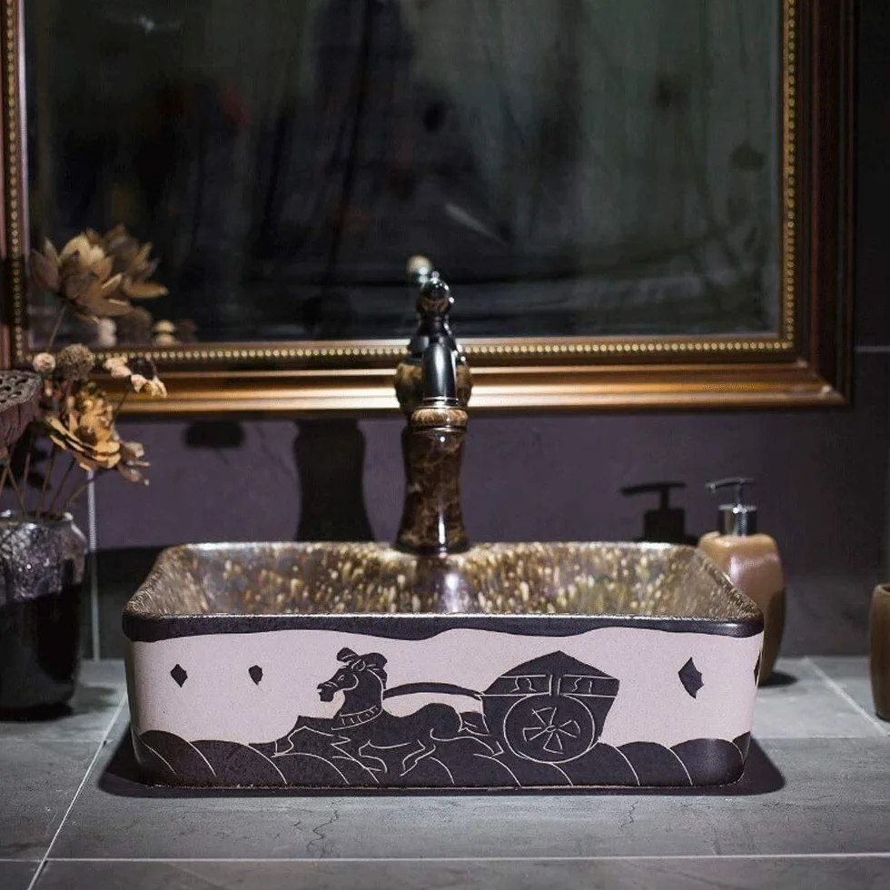 Szafka Pod Umywalkę Z Umywalką, Umywalka Łazienkowa, Umywalka Nablatowa, Ceramiczna Umywalka Łazienkowa Owalna 17-Calowa Europejska, Vintage, Nablatowa, Porcelanowa, Ceramiczna Miska