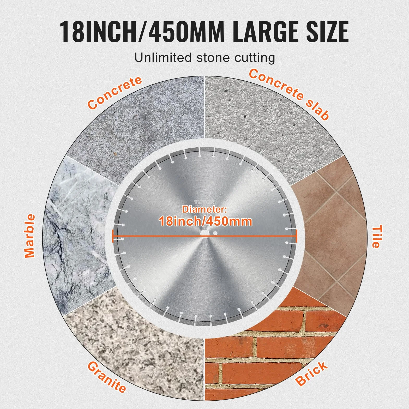 VEVOR Diamentowa piła ukośna do betonu 45 cm, praca na sucho lub na mokro, ostrze do piły ukośnej 12 mm z płaskimi zębami, średnica otworu środkowego 25,4 mm
