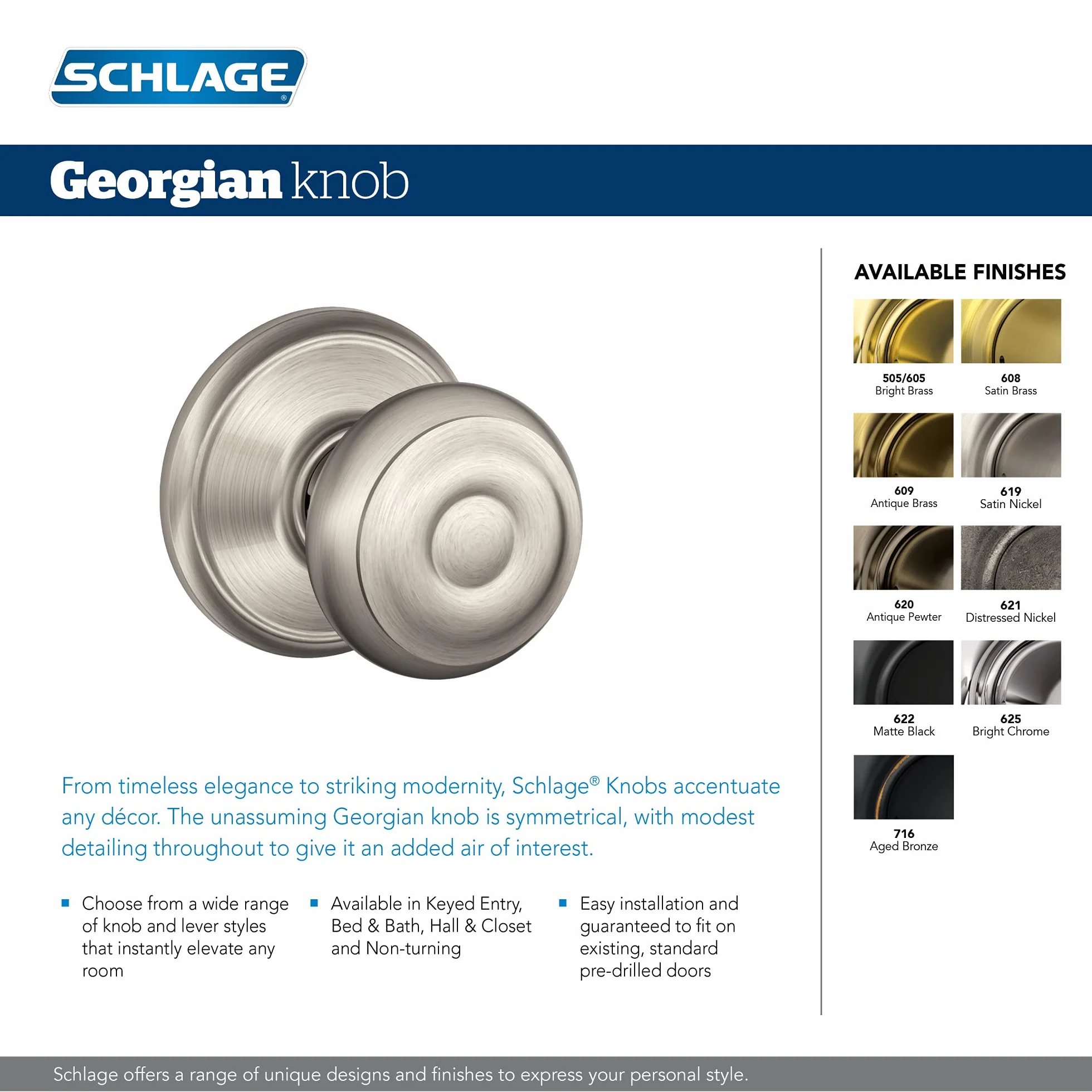 Schlage F10 GEO 622 BRK Georgian Door Knob with Brookshire Trim, Hall & Closet Passage Lock, Matte Black